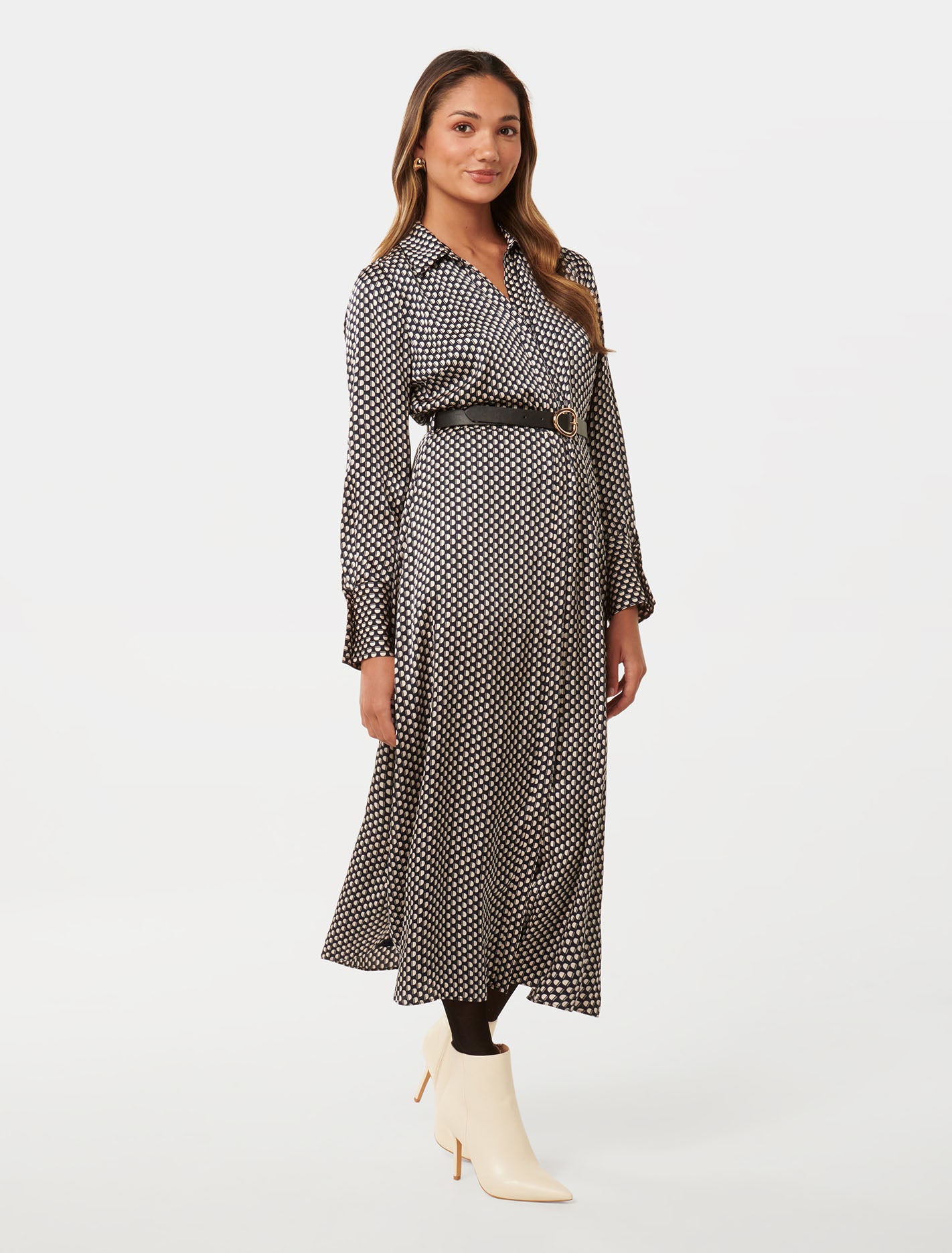 Janine Petite Satin Midi Shirt Dress Navy Kitson Geo