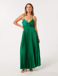 Geri Petite Tie Back Pleated Maxi Green
