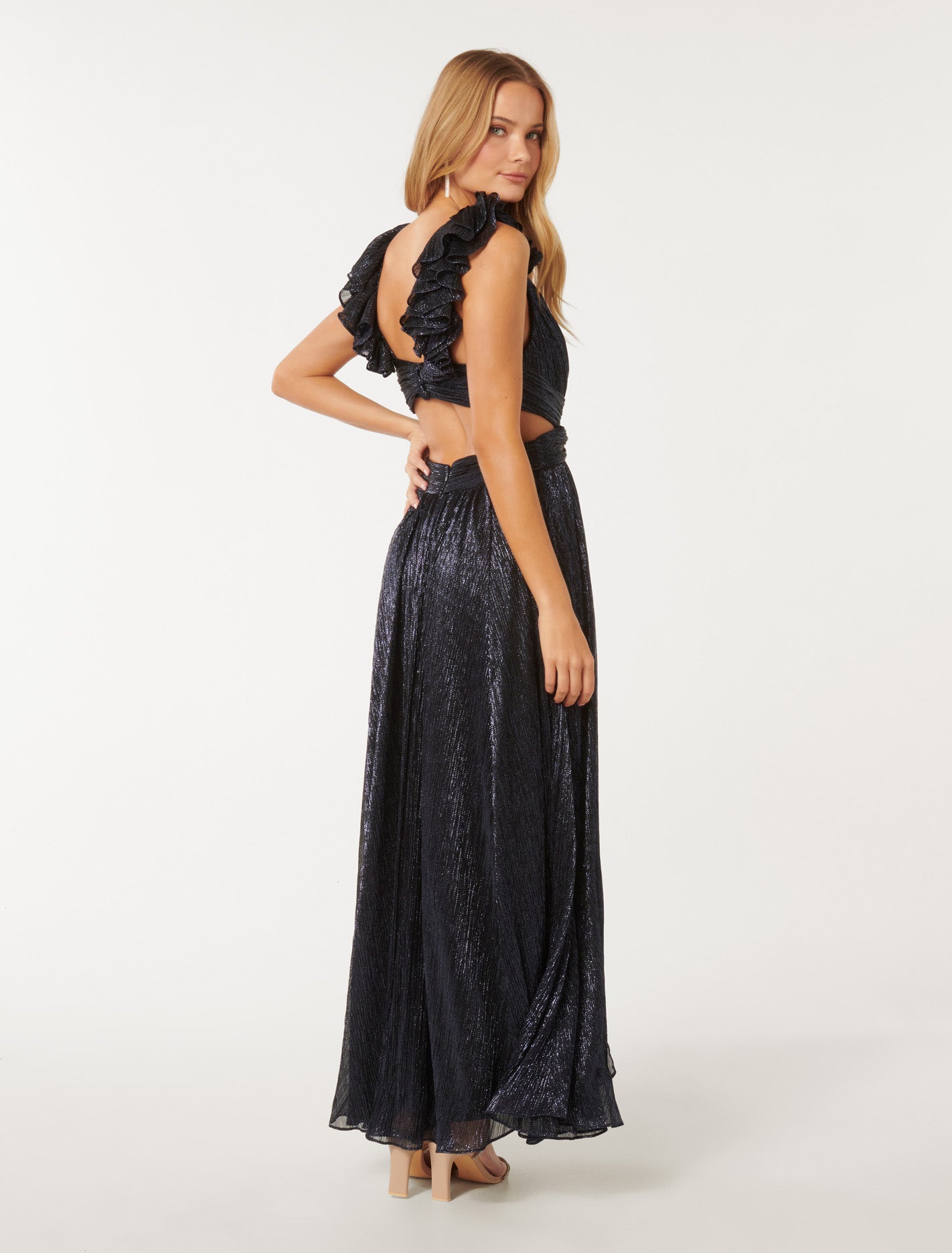 Selena Plisse Ruffle Shoulder Maxi Navy