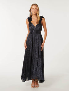 Selena Plisse Ruffle Shoulder Maxi Navy