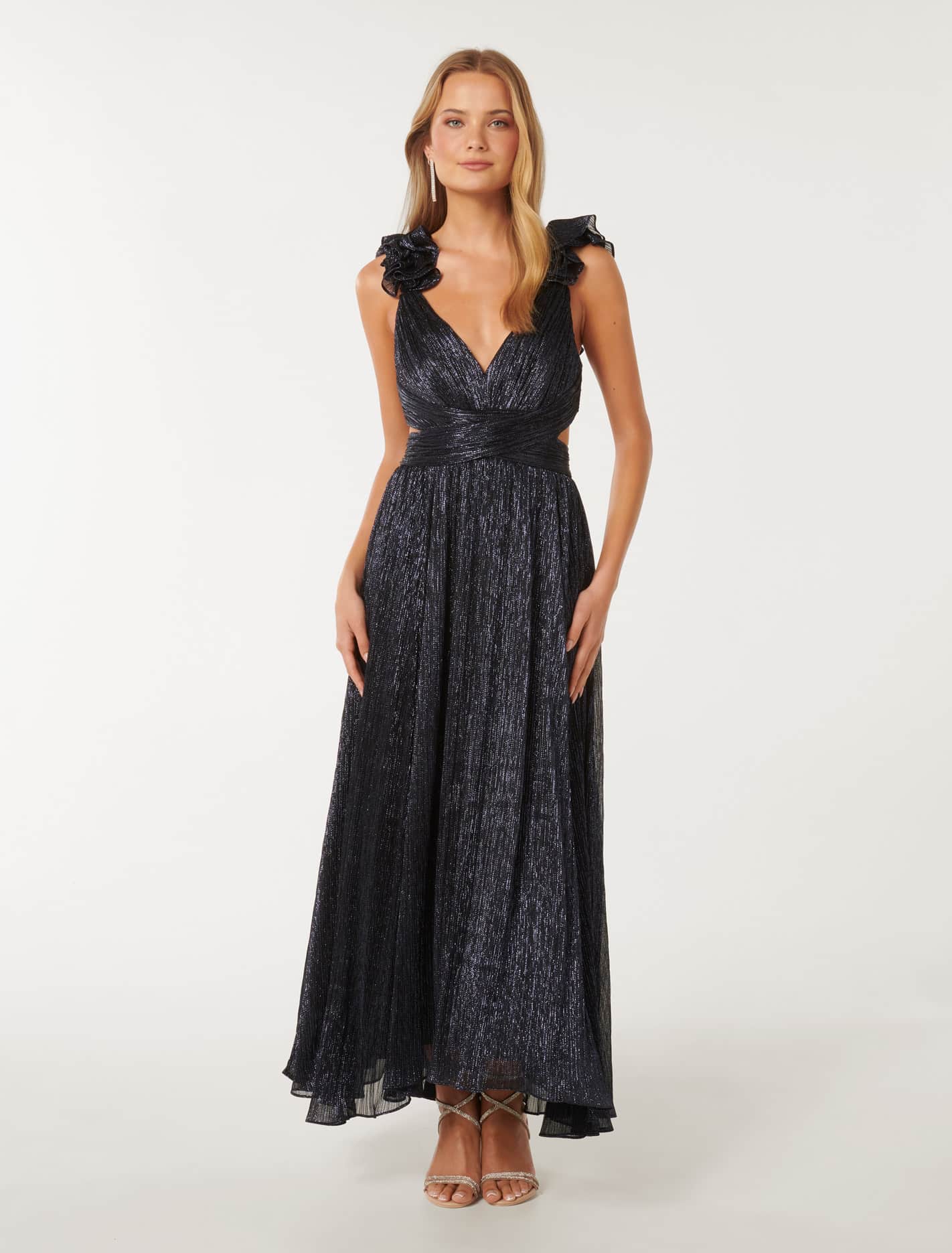 Selena Plisse Ruffle Shoulder Maxi Navy