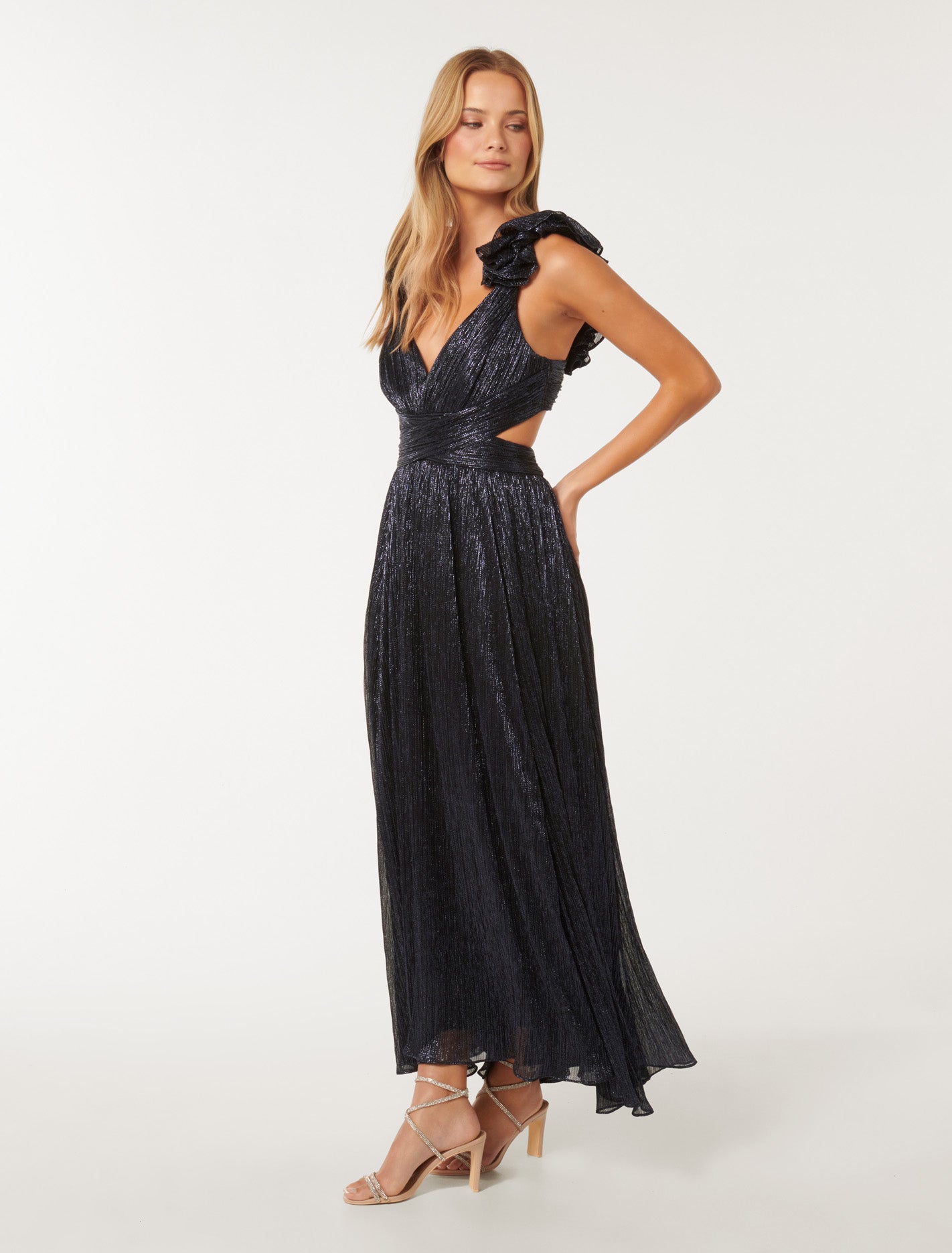 Selena Plisse Ruffle Shoulder Maxi Navy
