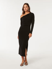 Alex Tipped Shoulder Long Sleeve Midi Black