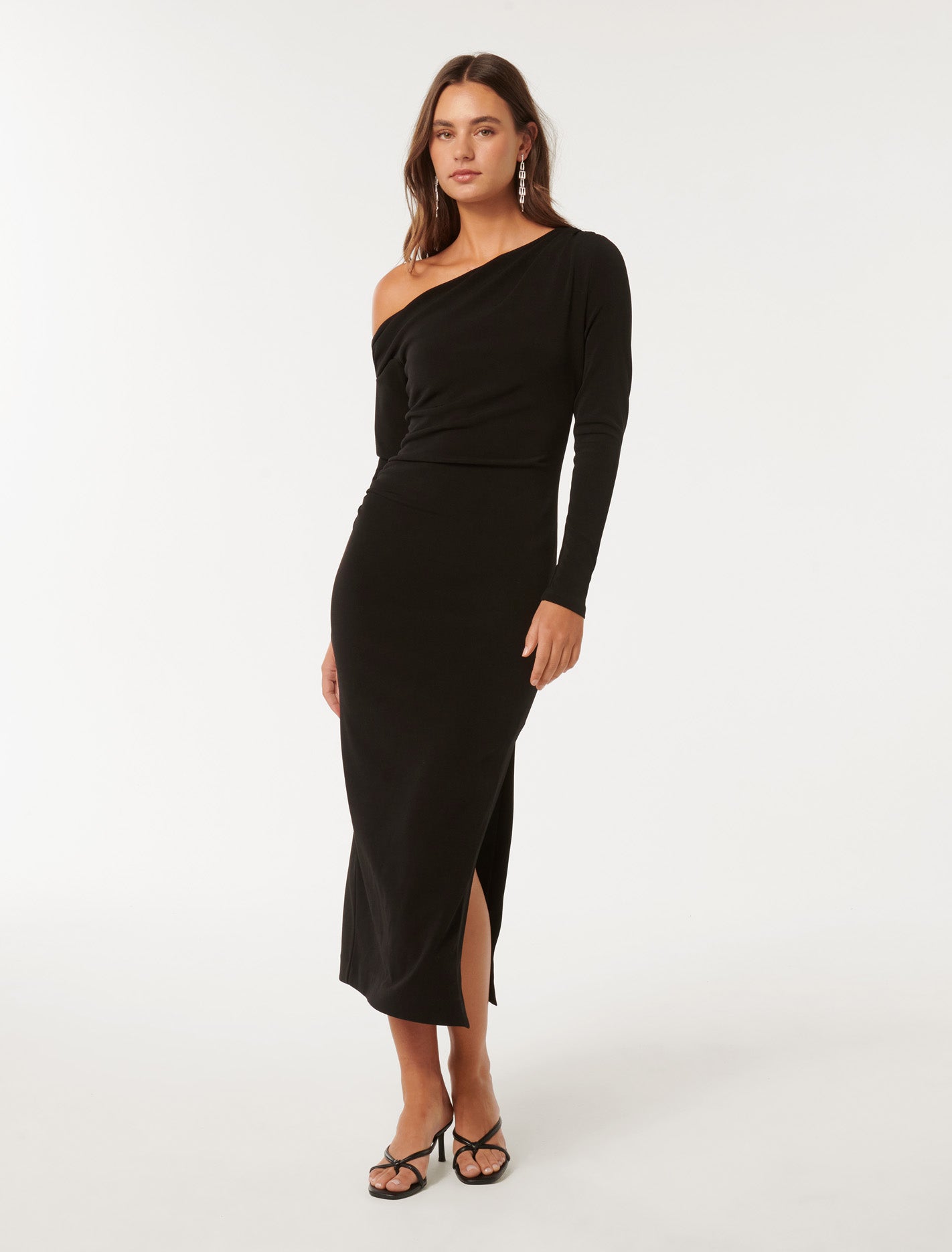 Alex Tipped Shoulder Long Sleeve Midi Black