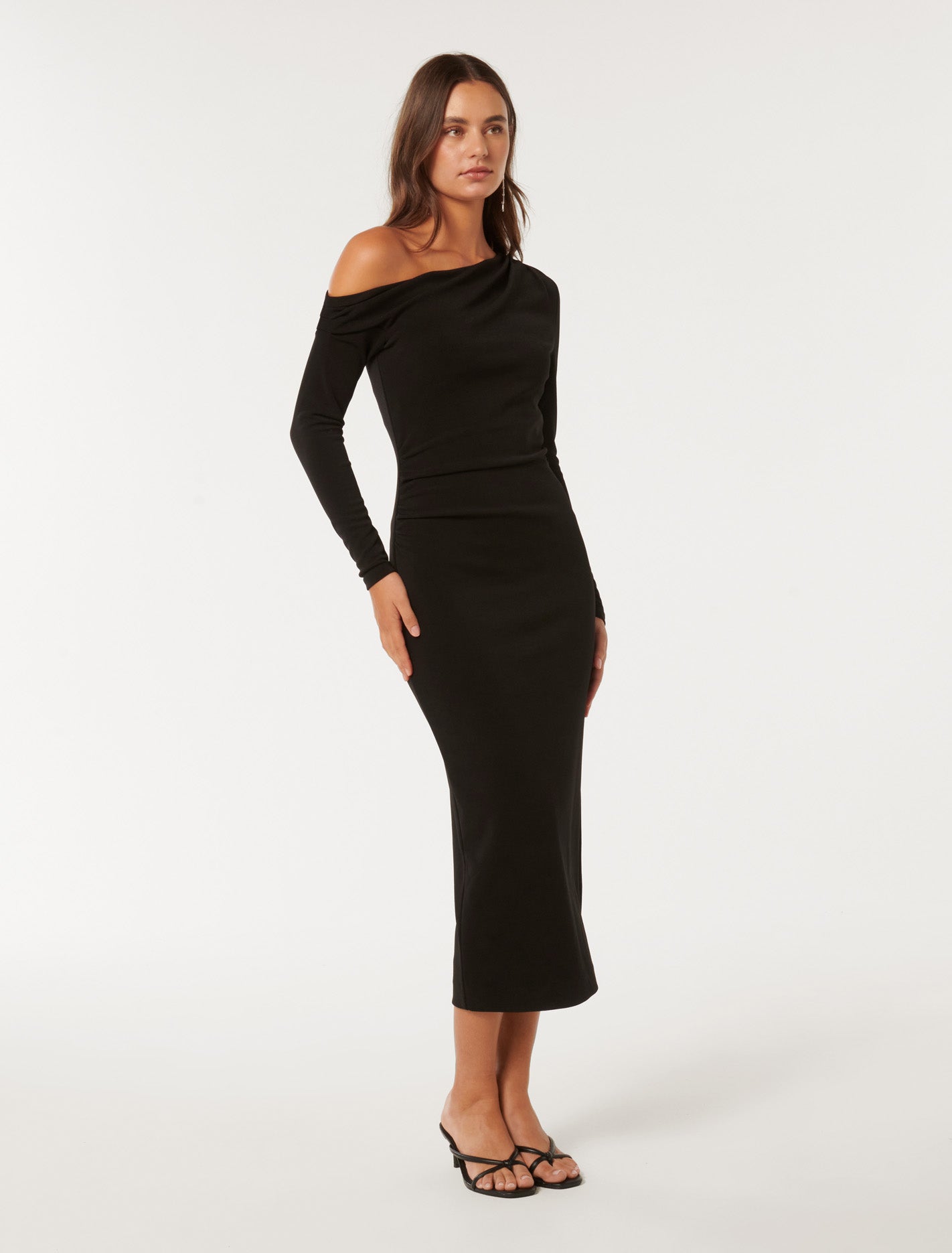 Alex Tipped Shoulder Long Sleeve Midi Black