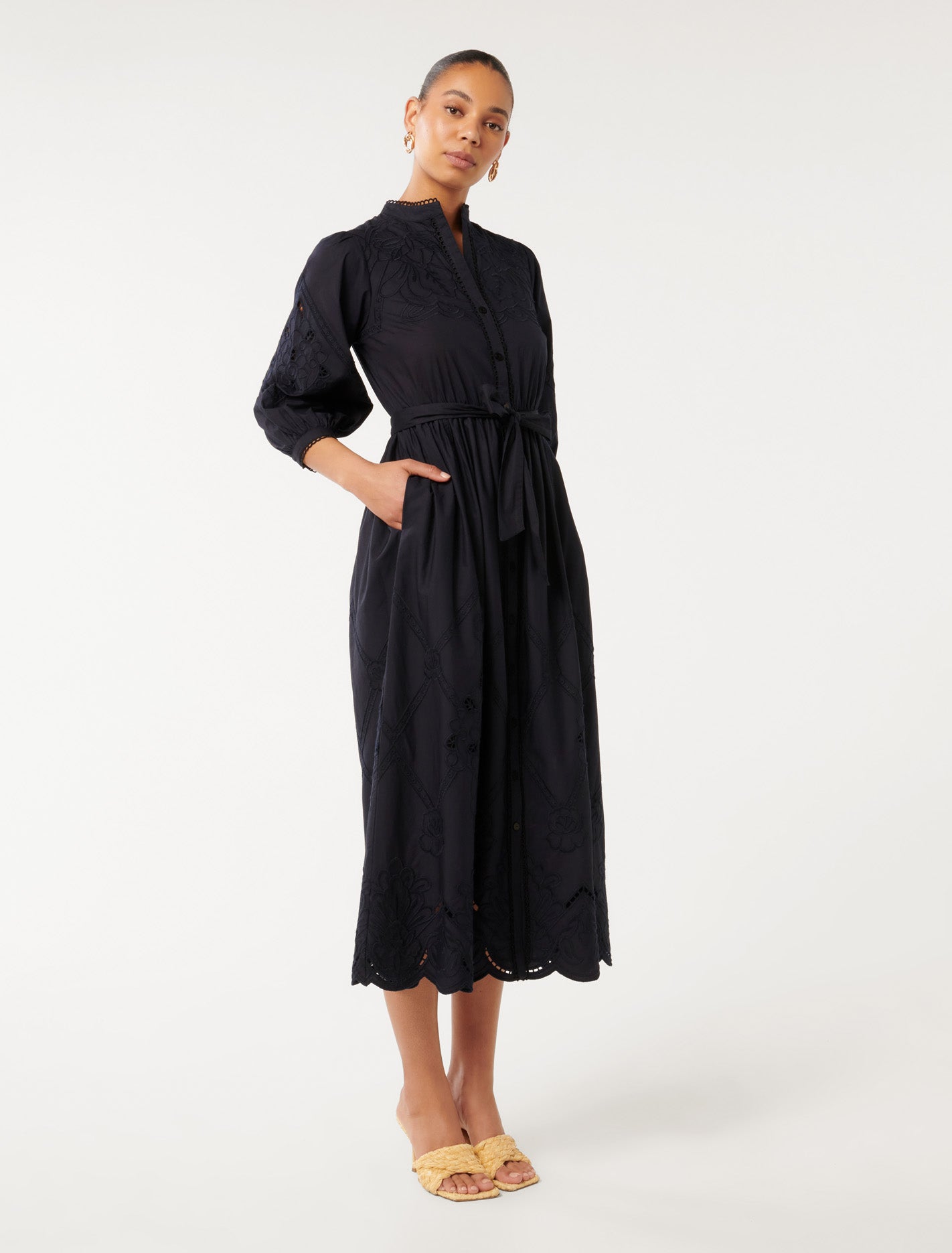 Aisha Broderie Midi Dress Navy