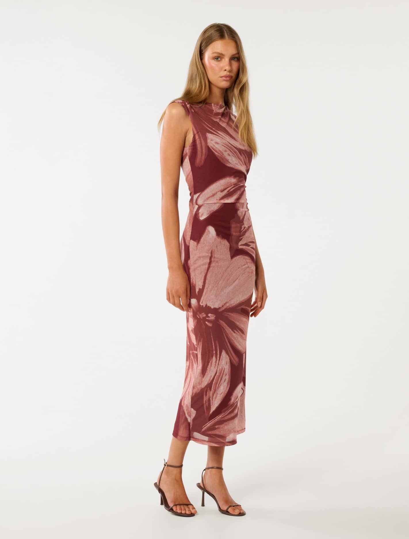 Ally Sleeveless Mesh Midi Dress Rust Carissa Floral