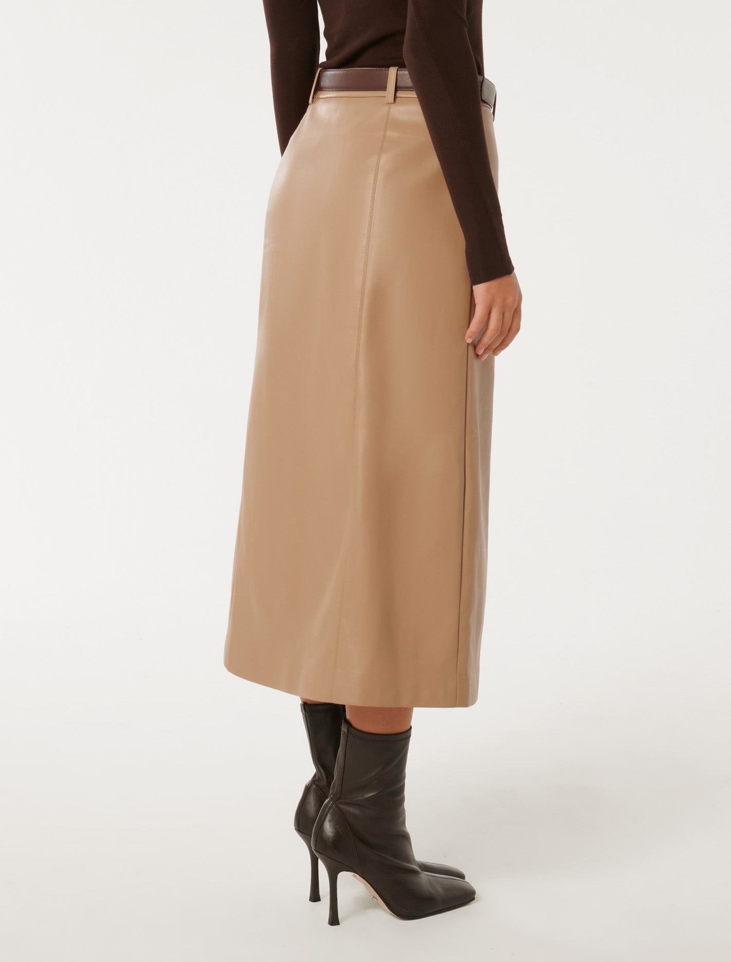 Katy Vegan Leather Belted Midi Skirt Coffee
