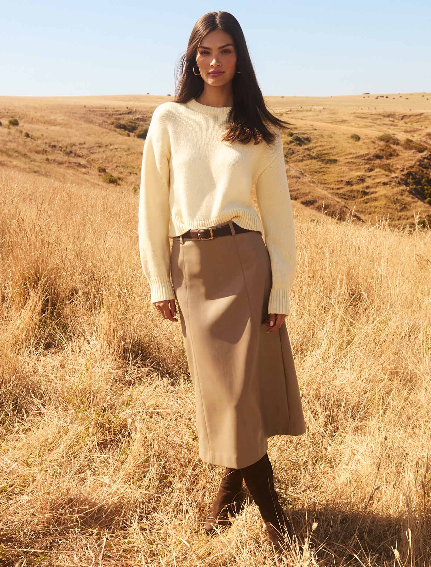 Katy Vegan Leather Belted Midi Skirt Coffee