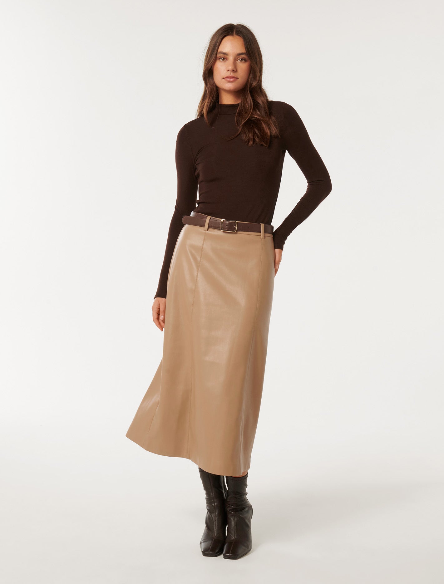 Katy Vegan Leather Belted Midi Skirt Coffee