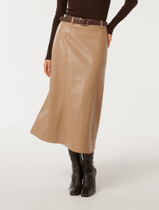 Katy Vegan Leather Belted Midi Skirt Coffee