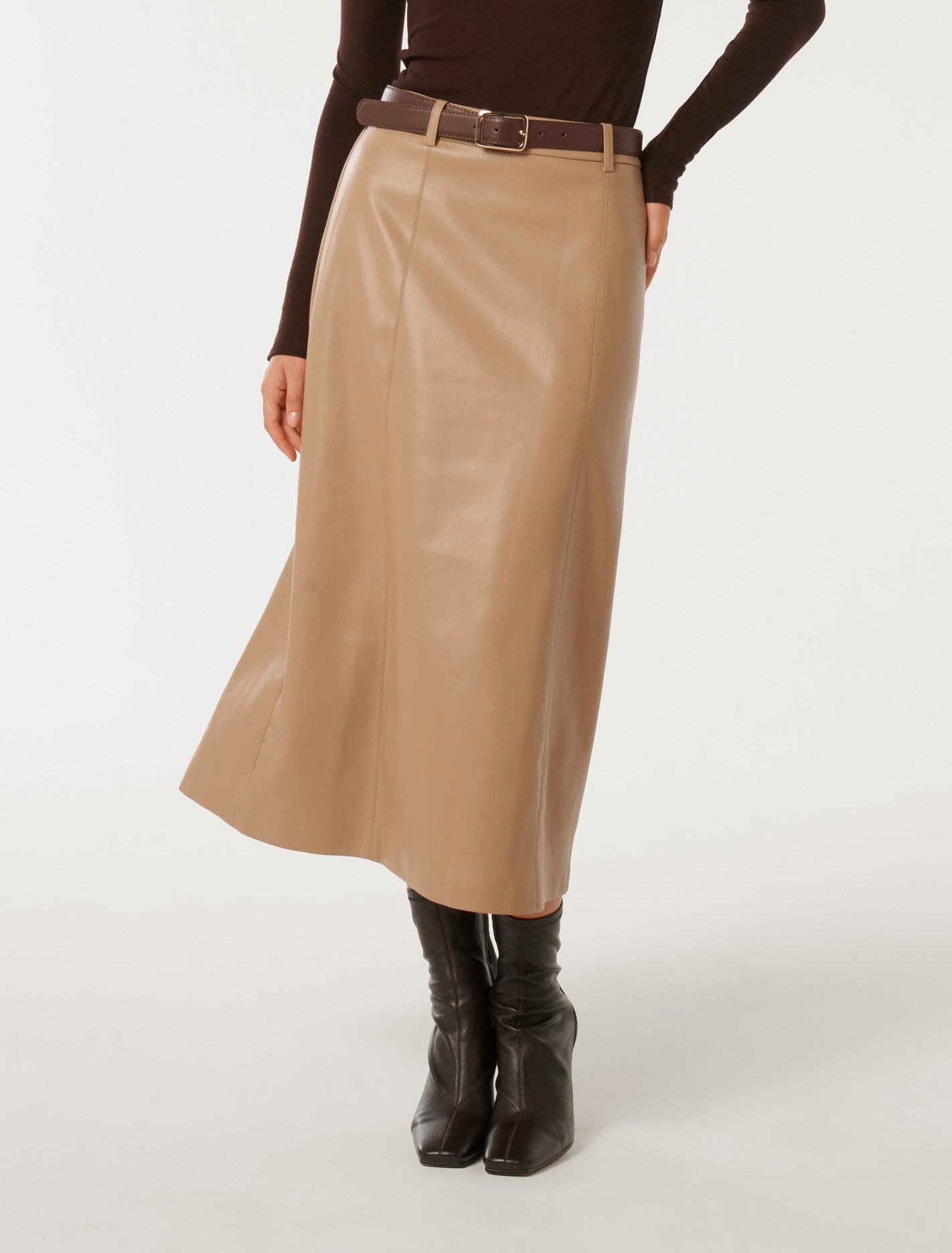 Katy Vegan Leather Belted Midi Skirt Coffee