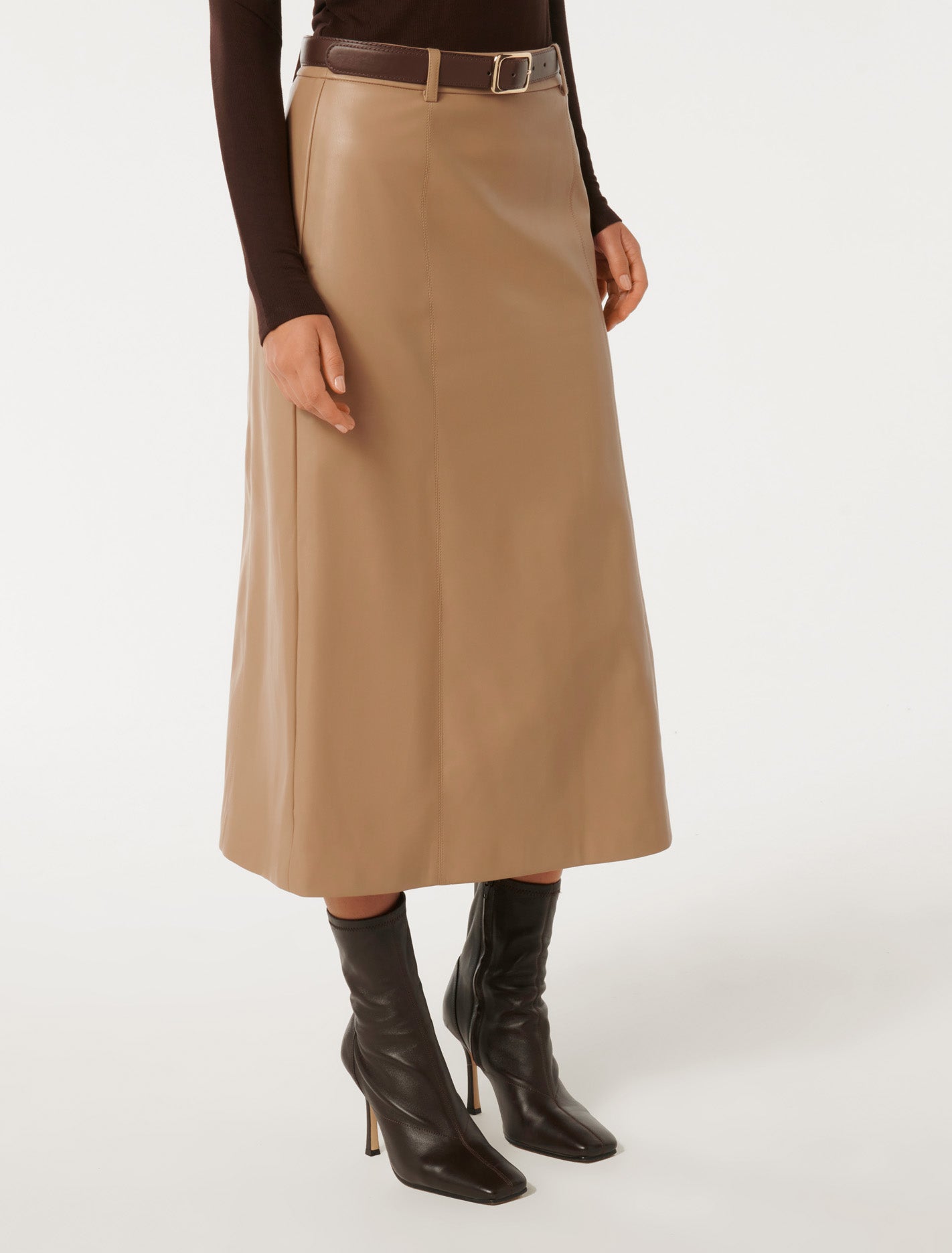 Katy Vegan Leather Belted Midi Skirt Coffee