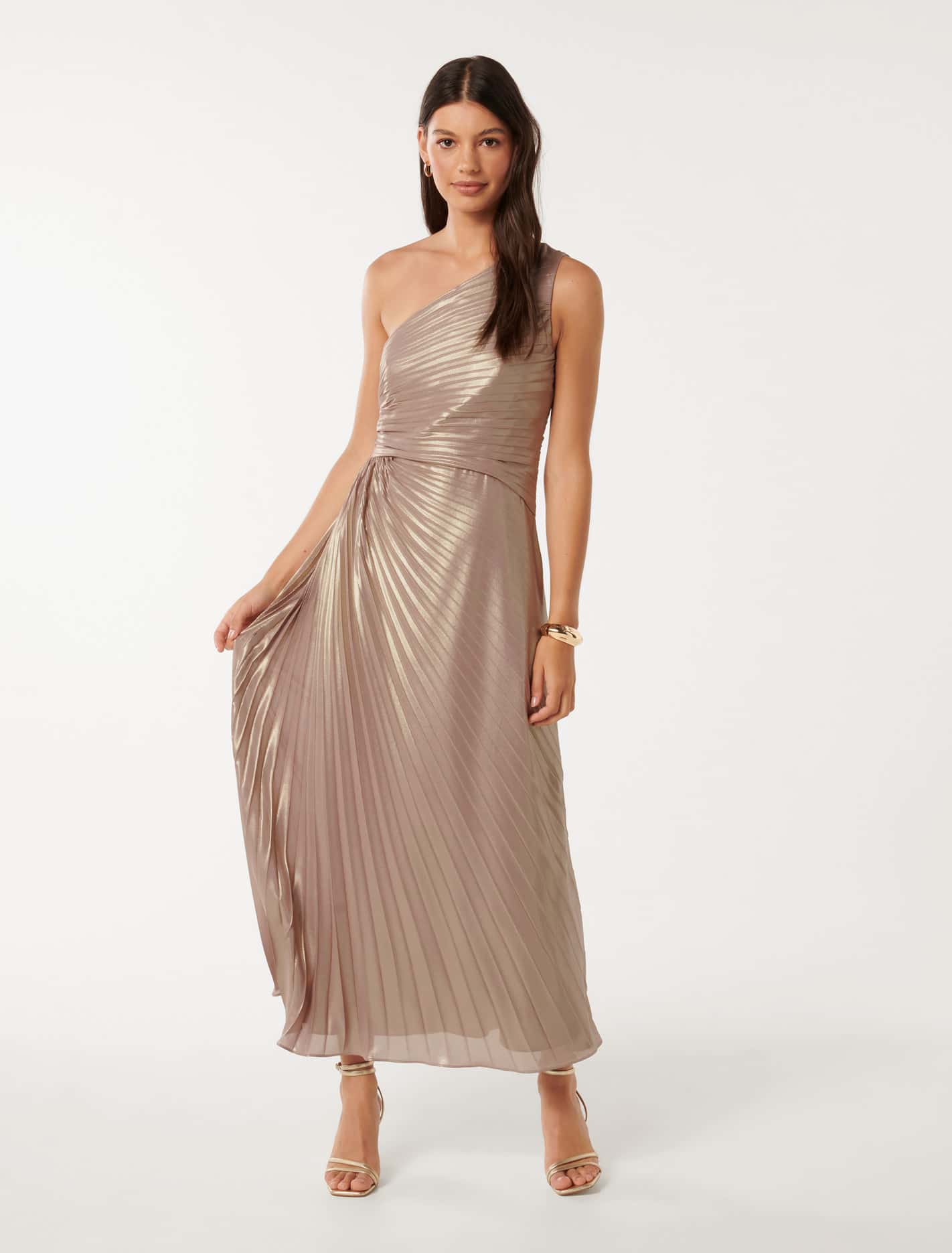 Taylah Metallic One Shoulder Dress Soft Gold