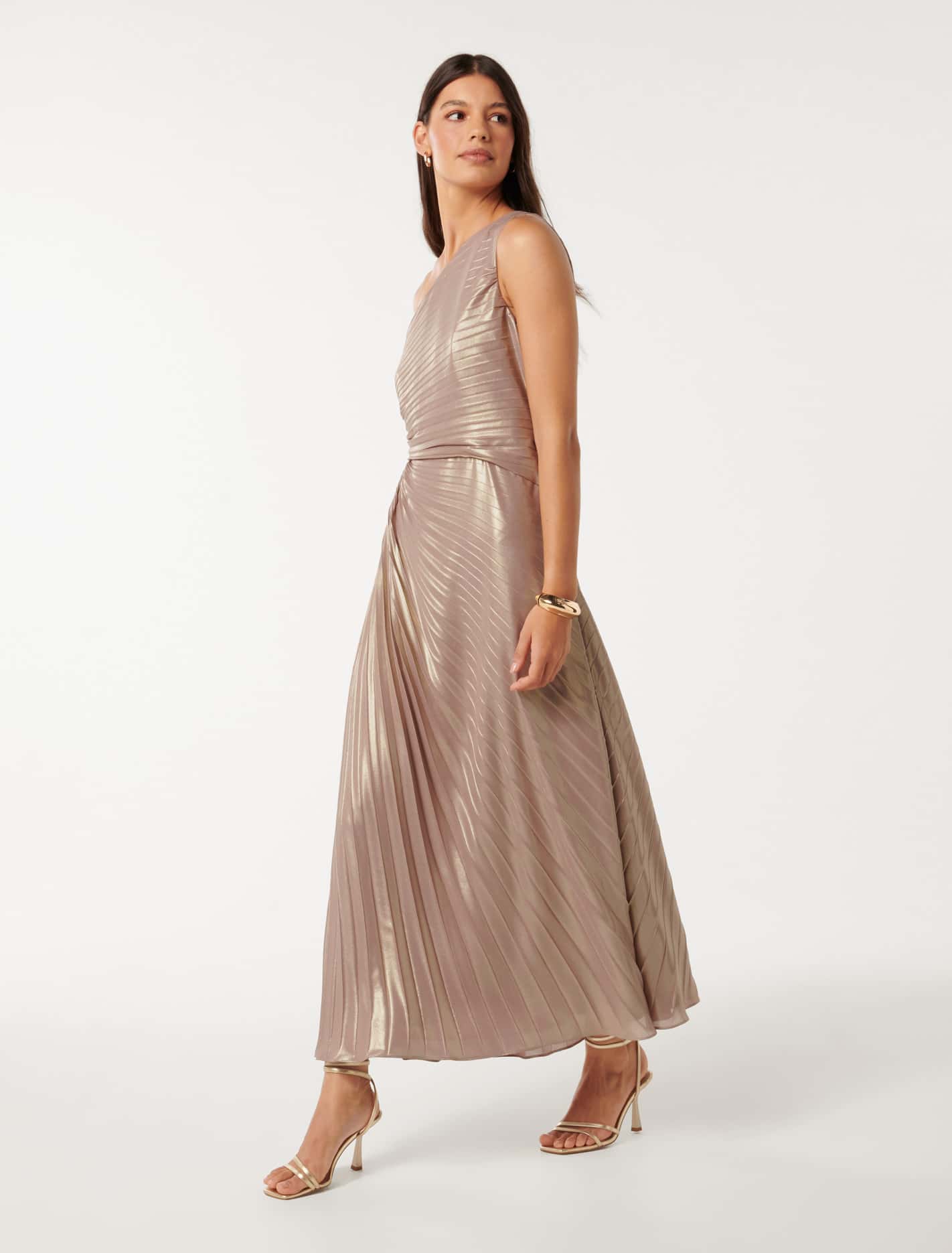 Taylah Metallic One Shoulder Dress Soft Gold