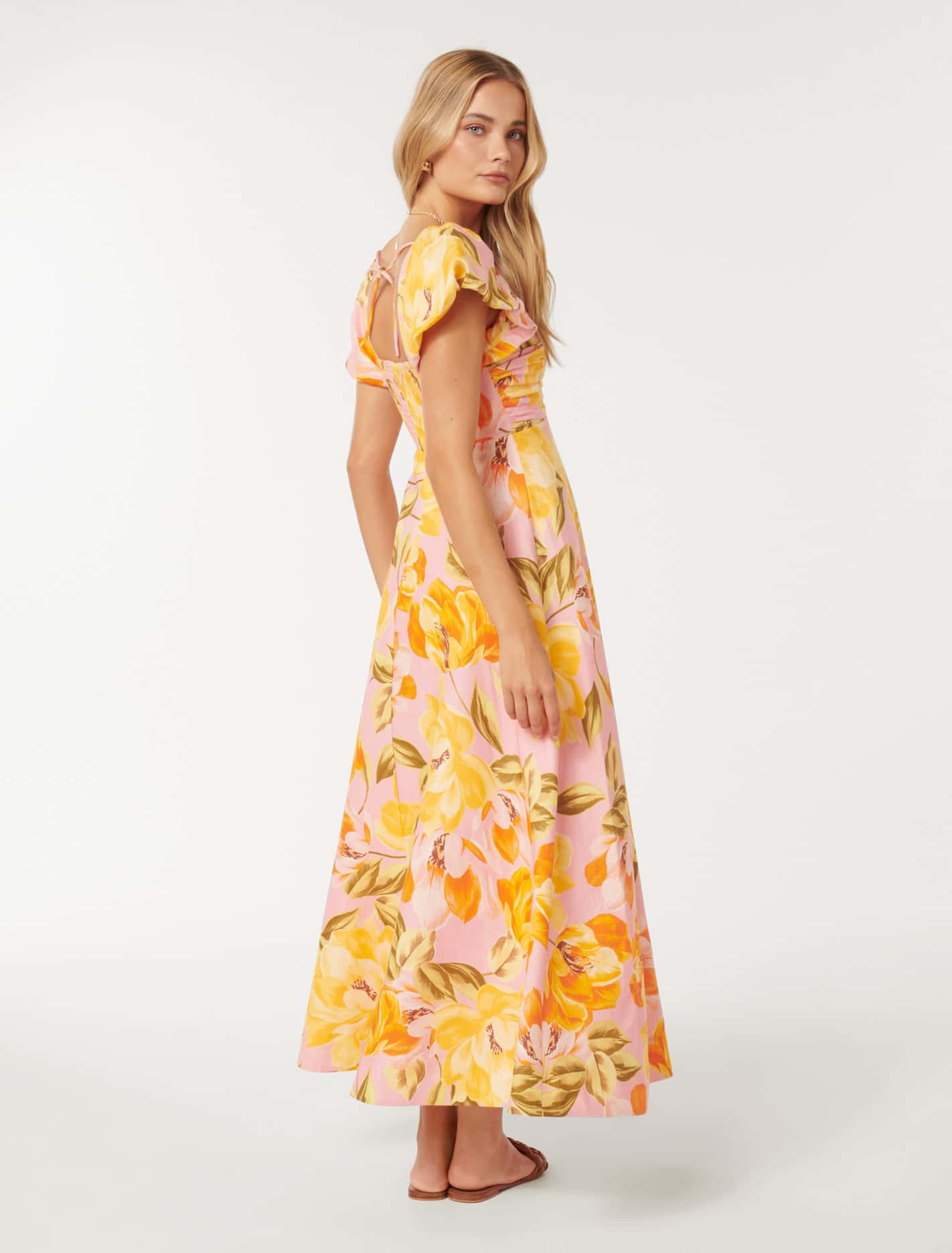 June Ruched Linen Midi Pink Wright Floral