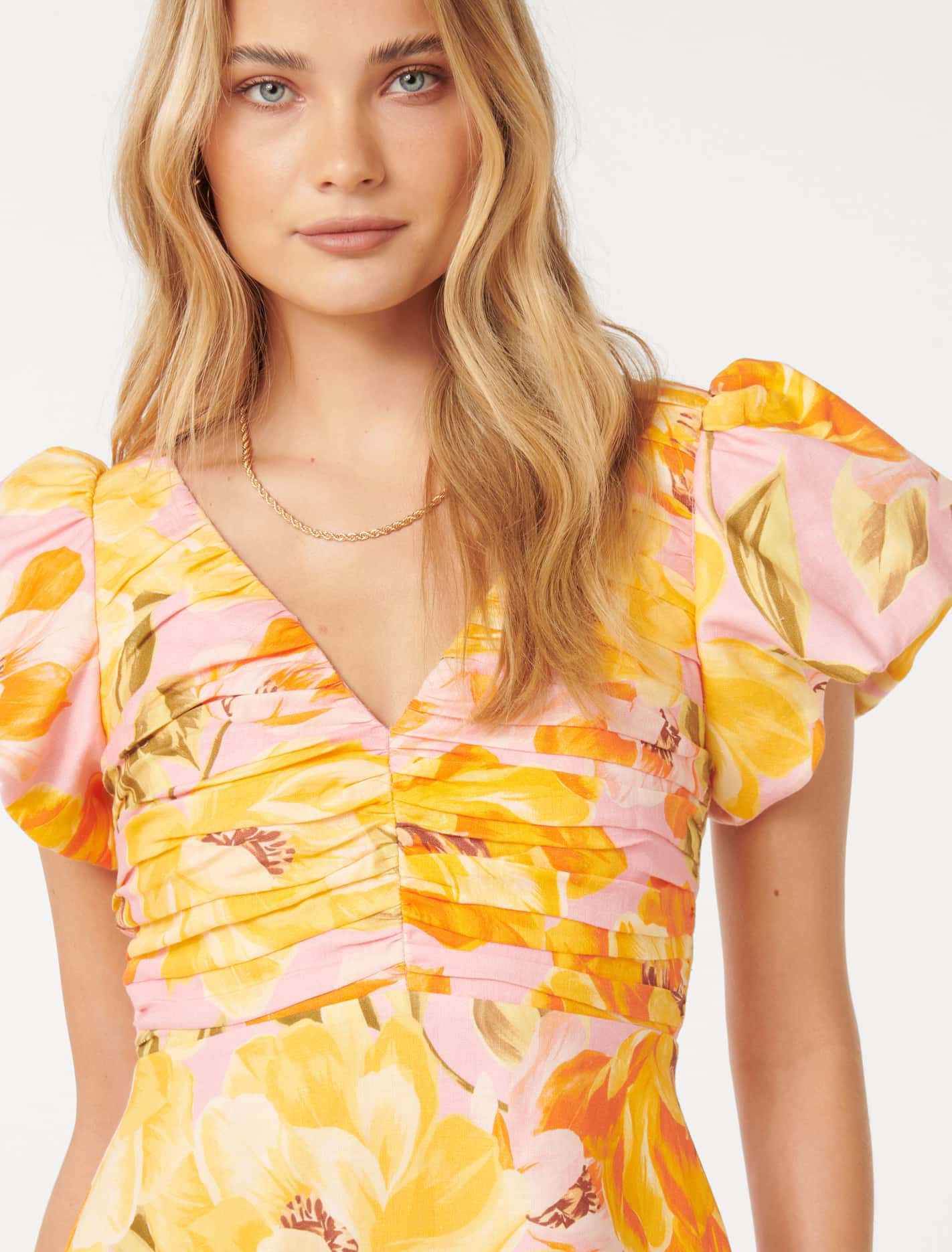 June Ruched Linen Midi Pink Wright Floral