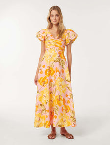 June Ruched Linen Midi Pink Wright Floral