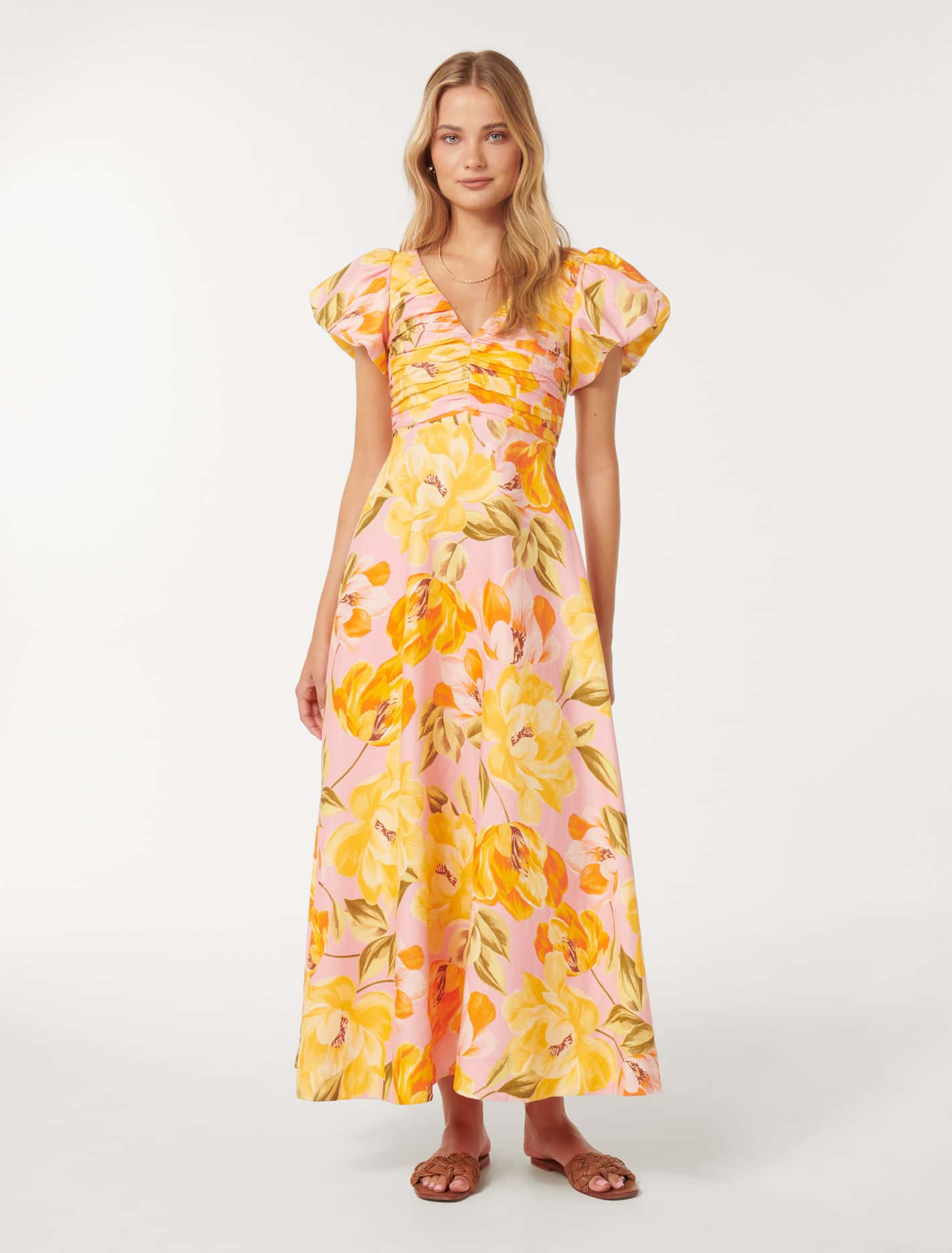 June Ruched Linen Midi Pink Wright Floral