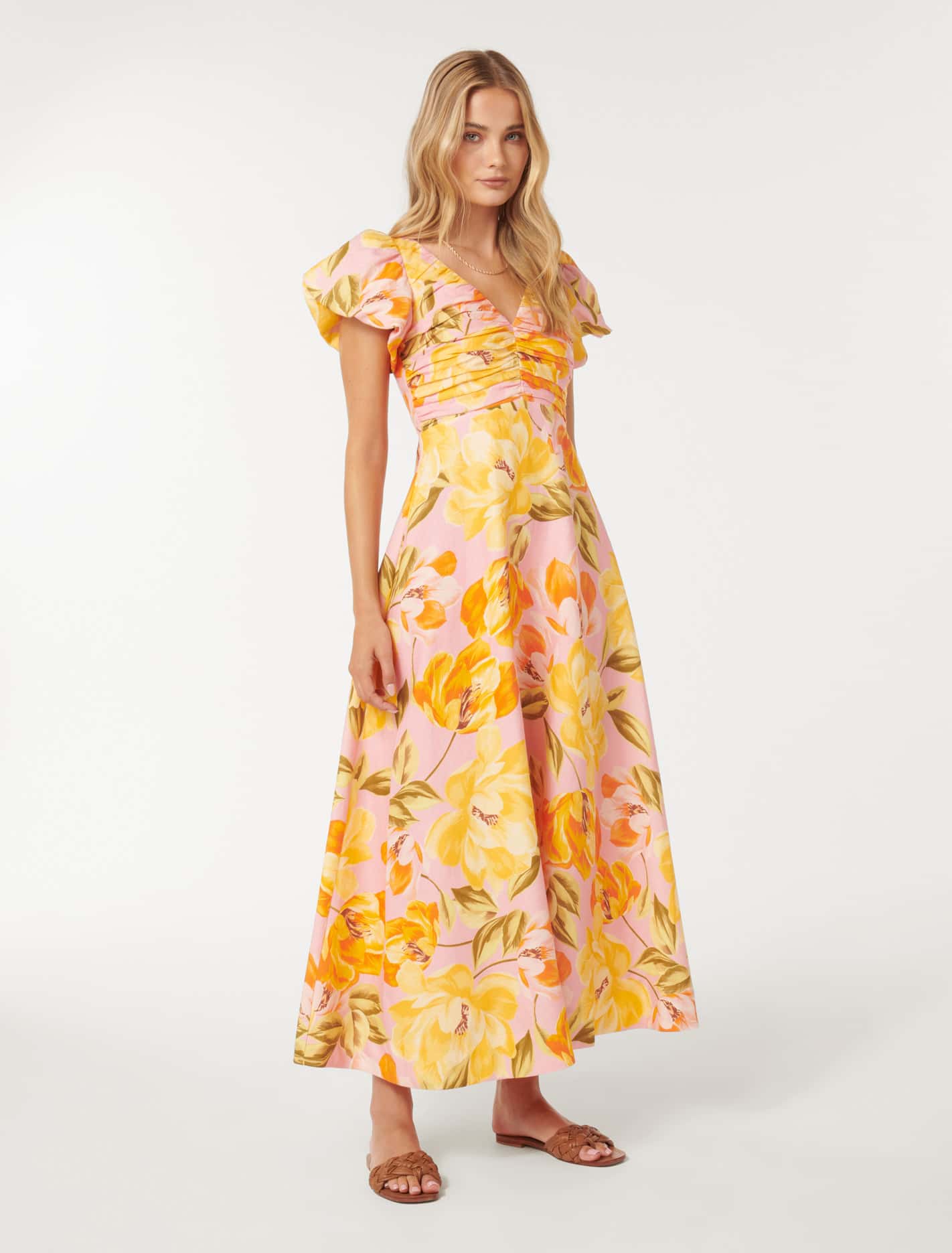 June Ruched Linen Midi Pink Wright Floral