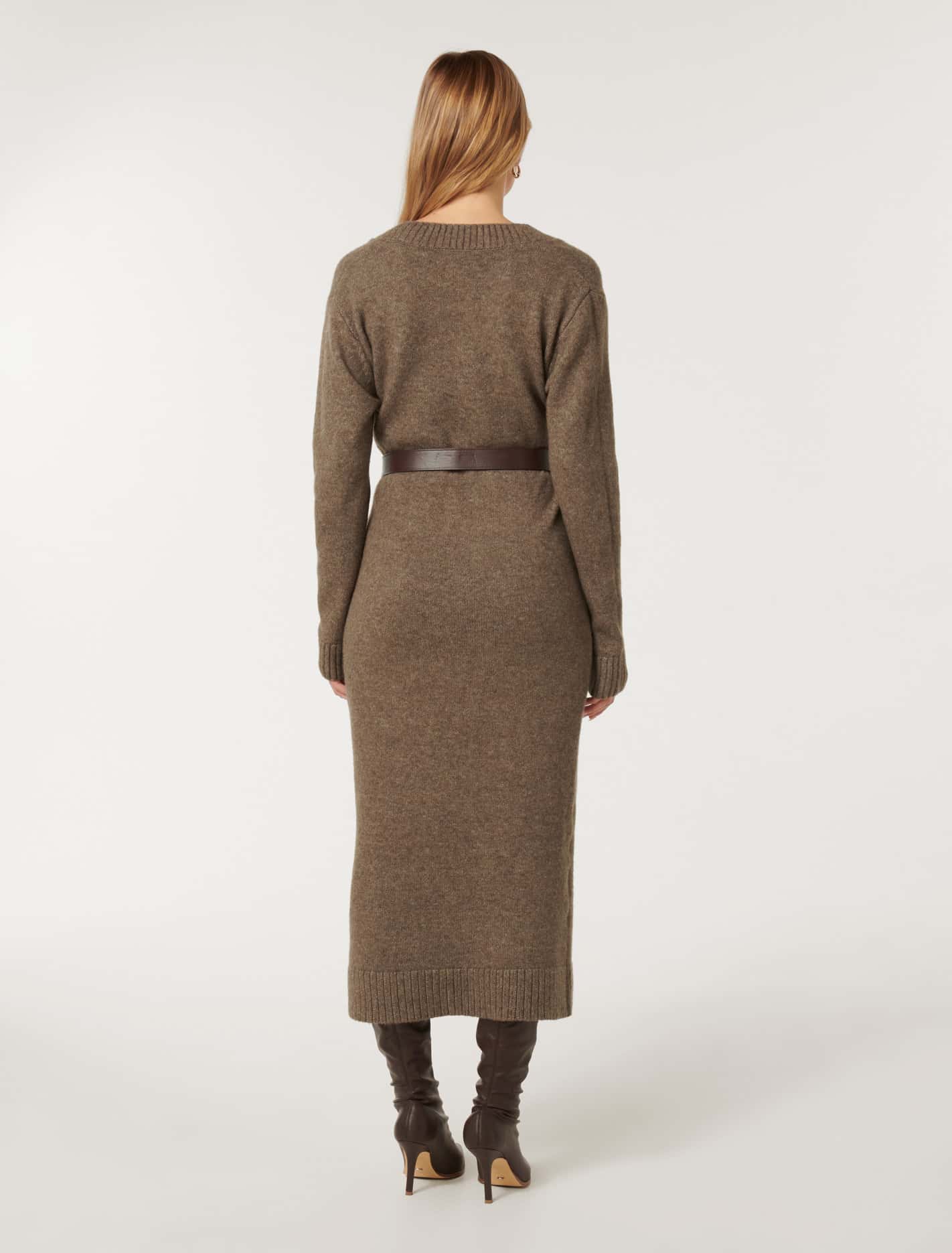 Haven V Neck Midi Dress Hazelnut