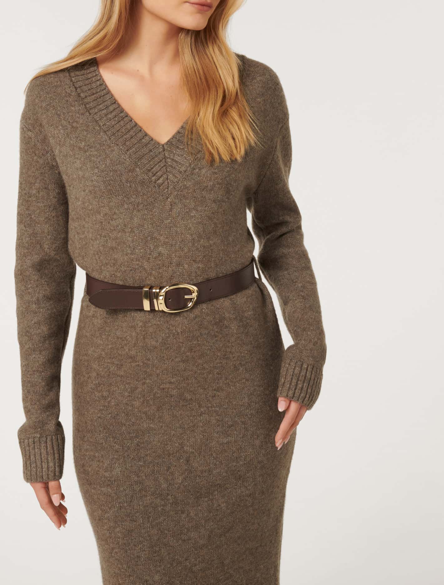 Haven V Neck Midi Dress Hazelnut
