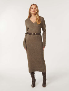Haven V Neck Midi Dress Hazelnut