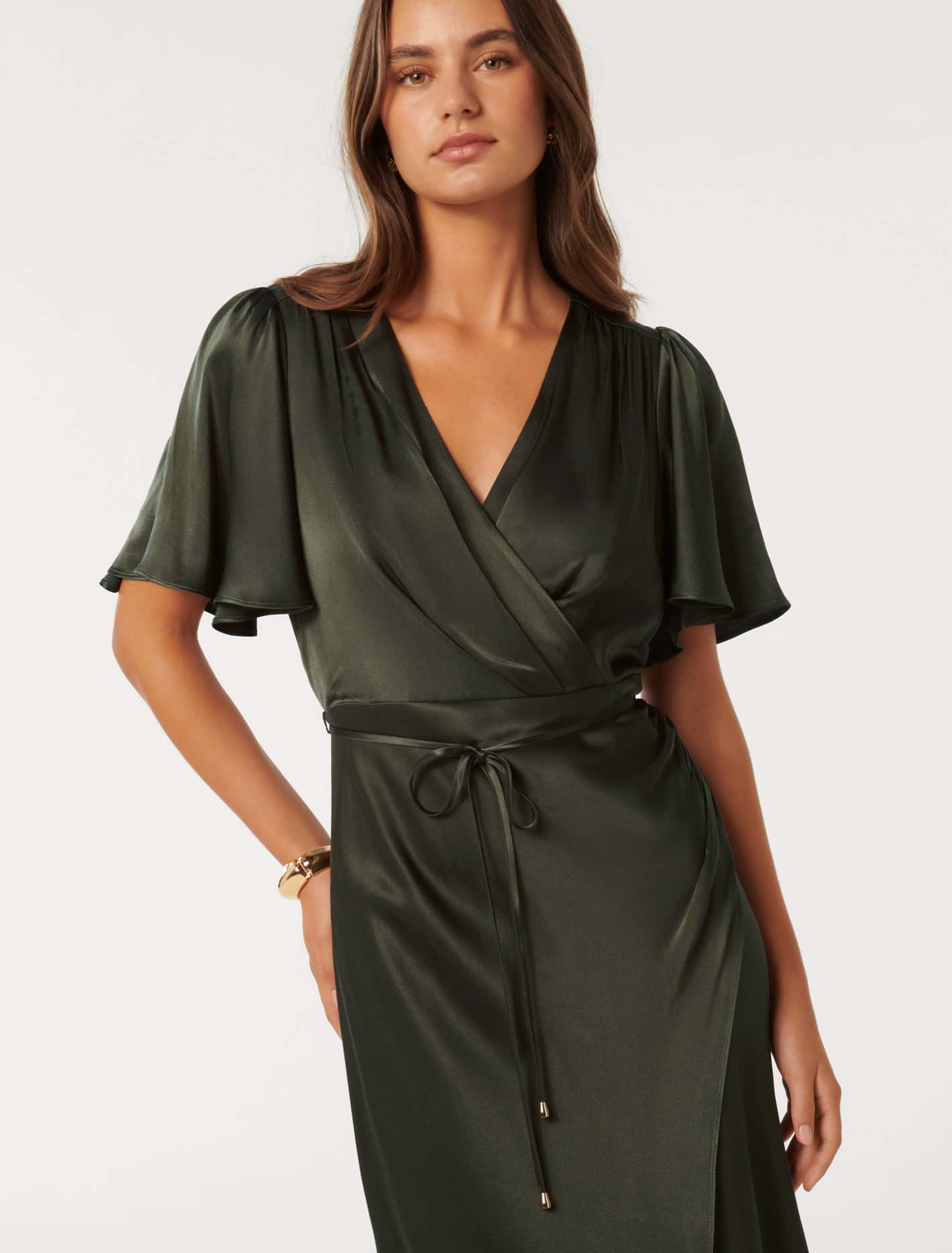 Chelsea Flutter Sleeve Satin Maxi Olive