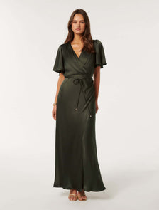 Chelsea Flutter Sleeve Satin Maxi Olive