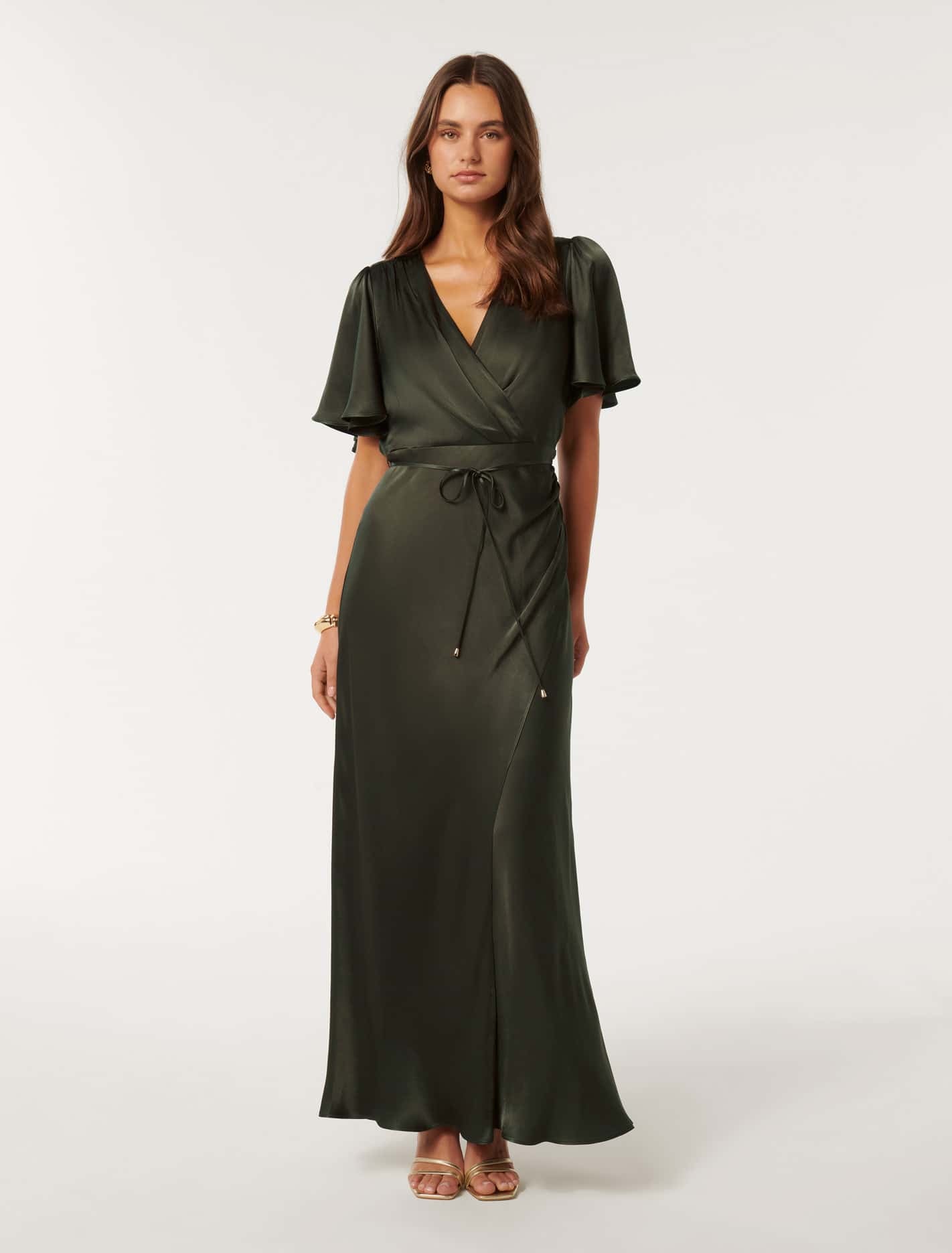 Chelsea Flutter Sleeve Satin Maxi Olive