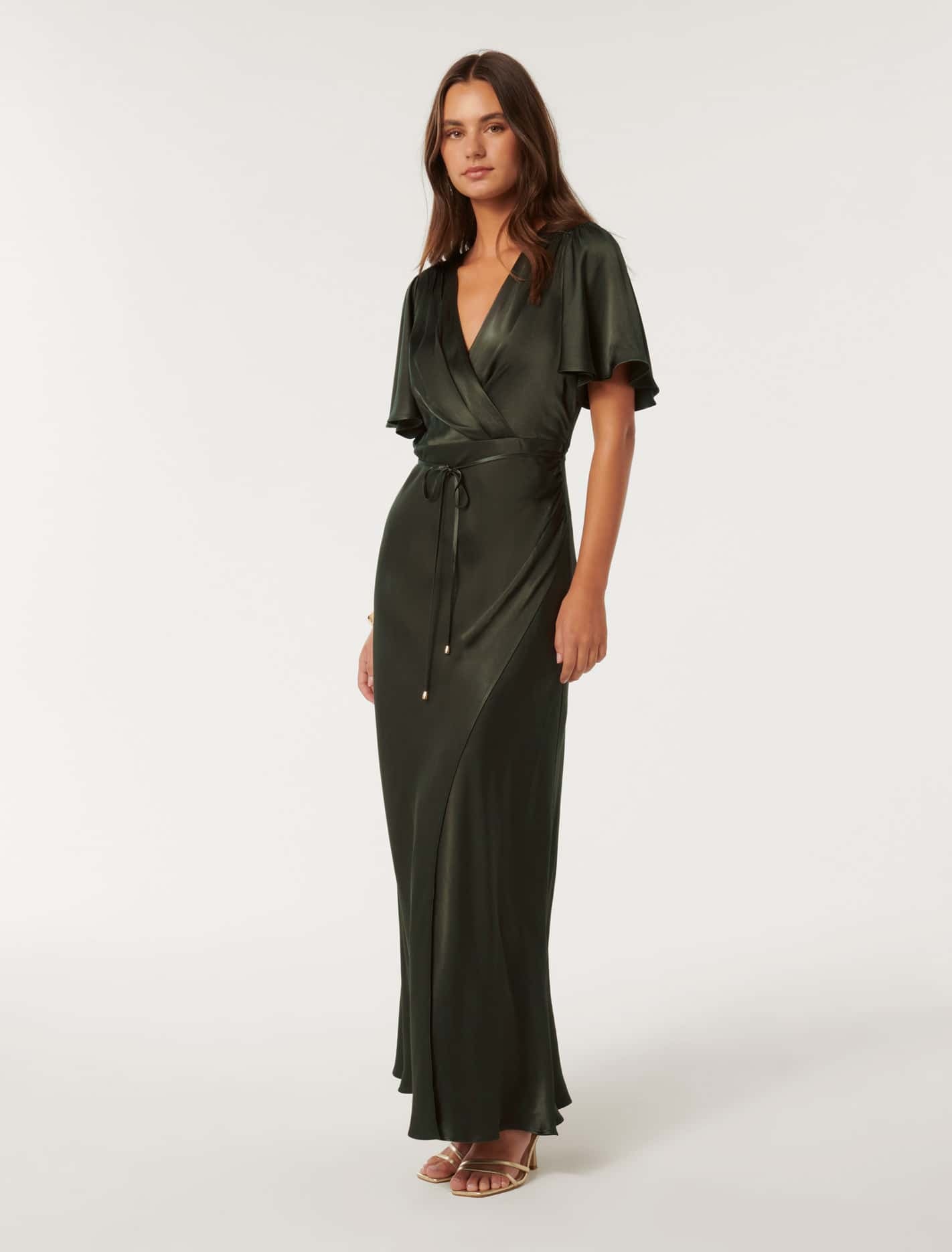 Chelsea Flutter Sleeve Satin Maxi Olive