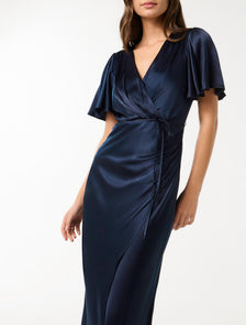 Chelsea Flutter Sleeve Satin Maxi Deep Navy