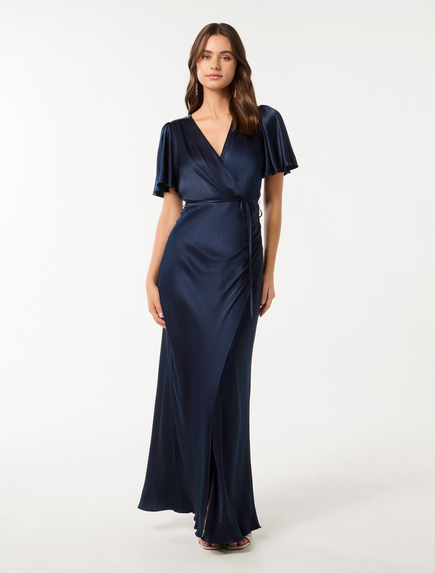 Chelsea Flutter Sleeve Satin Maxi Deep Navy