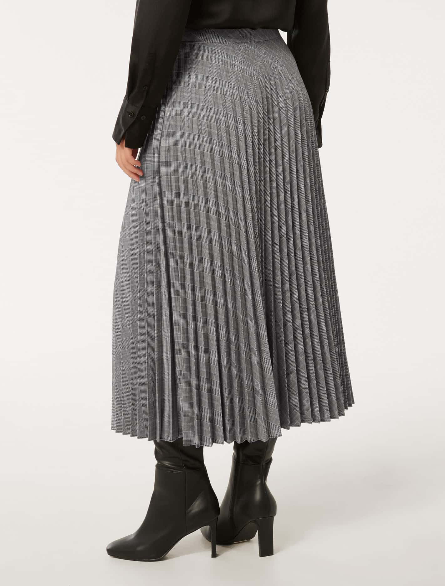 Mackenzie Pleated Check Midi Skirt Grey Check