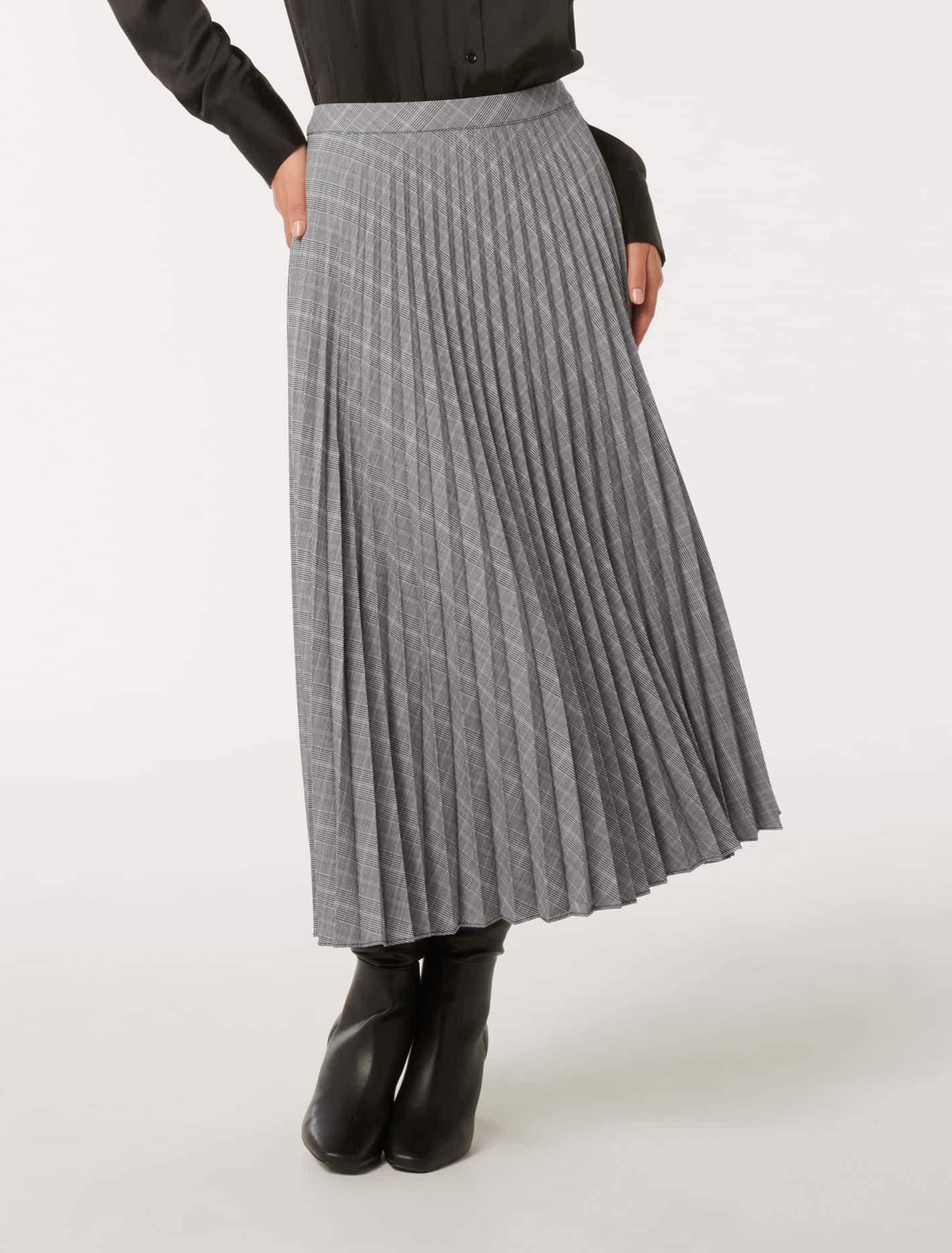Mackenzie Pleated Check Midi Skirt Grey Check