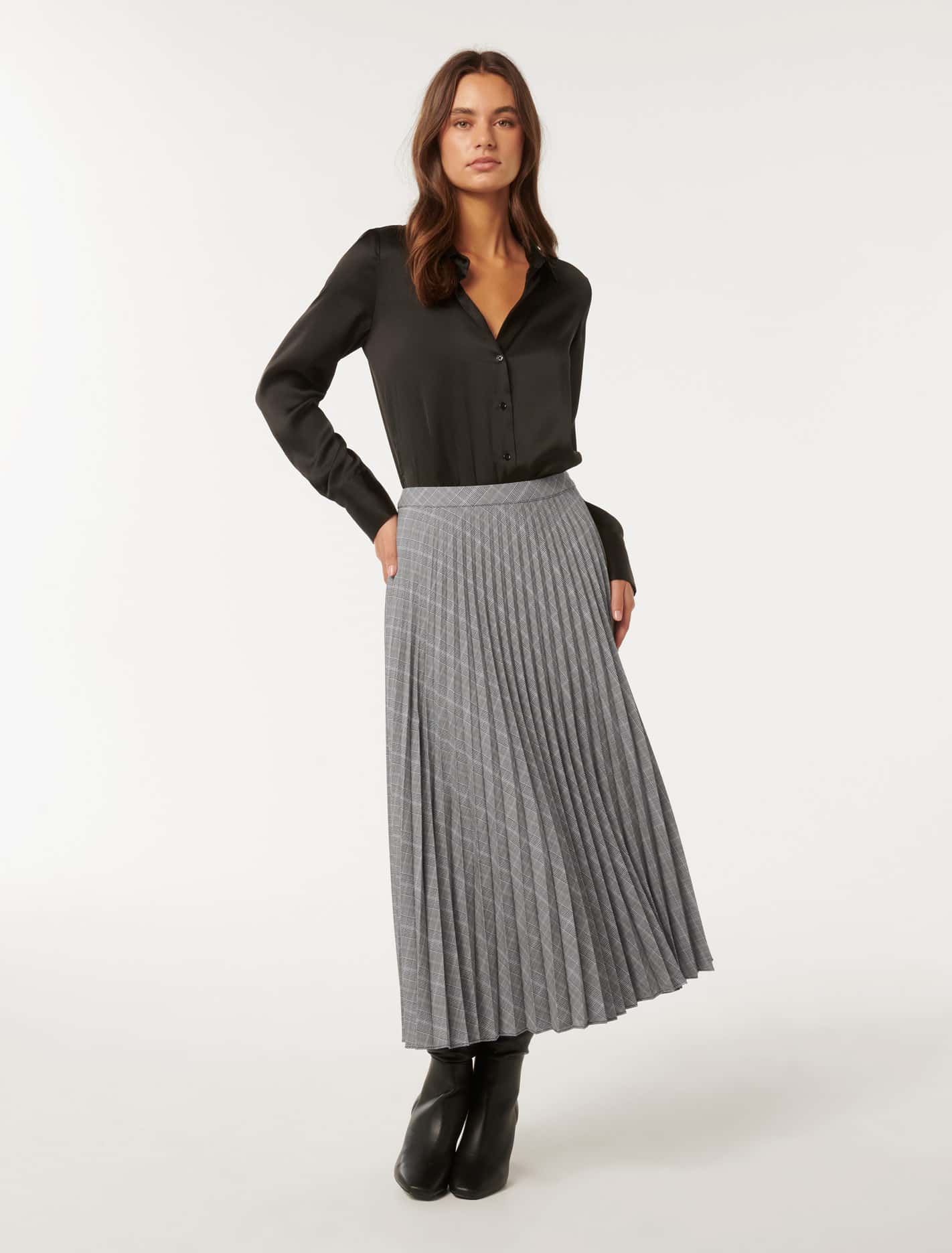Mackenzie Pleated Check Midi Skirt Grey Check