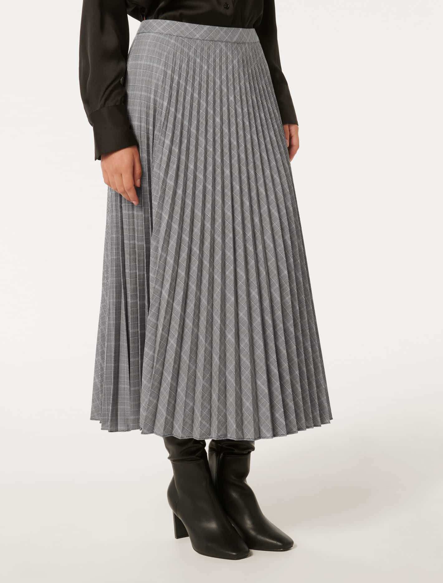 Mackenzie Pleated Check Midi Skirt Grey Check