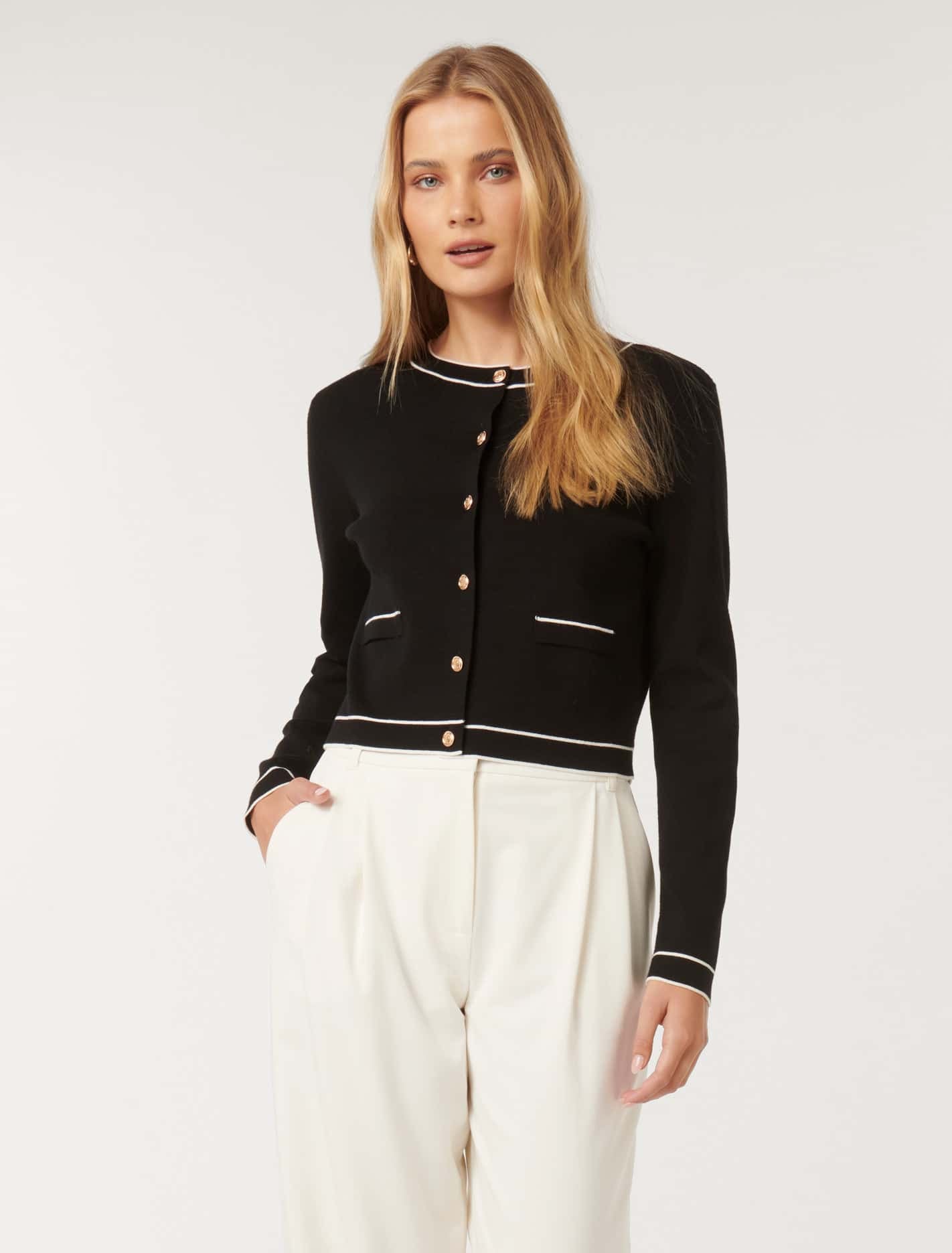 Gigi Tipped Cardigan Black/ Porcelain
