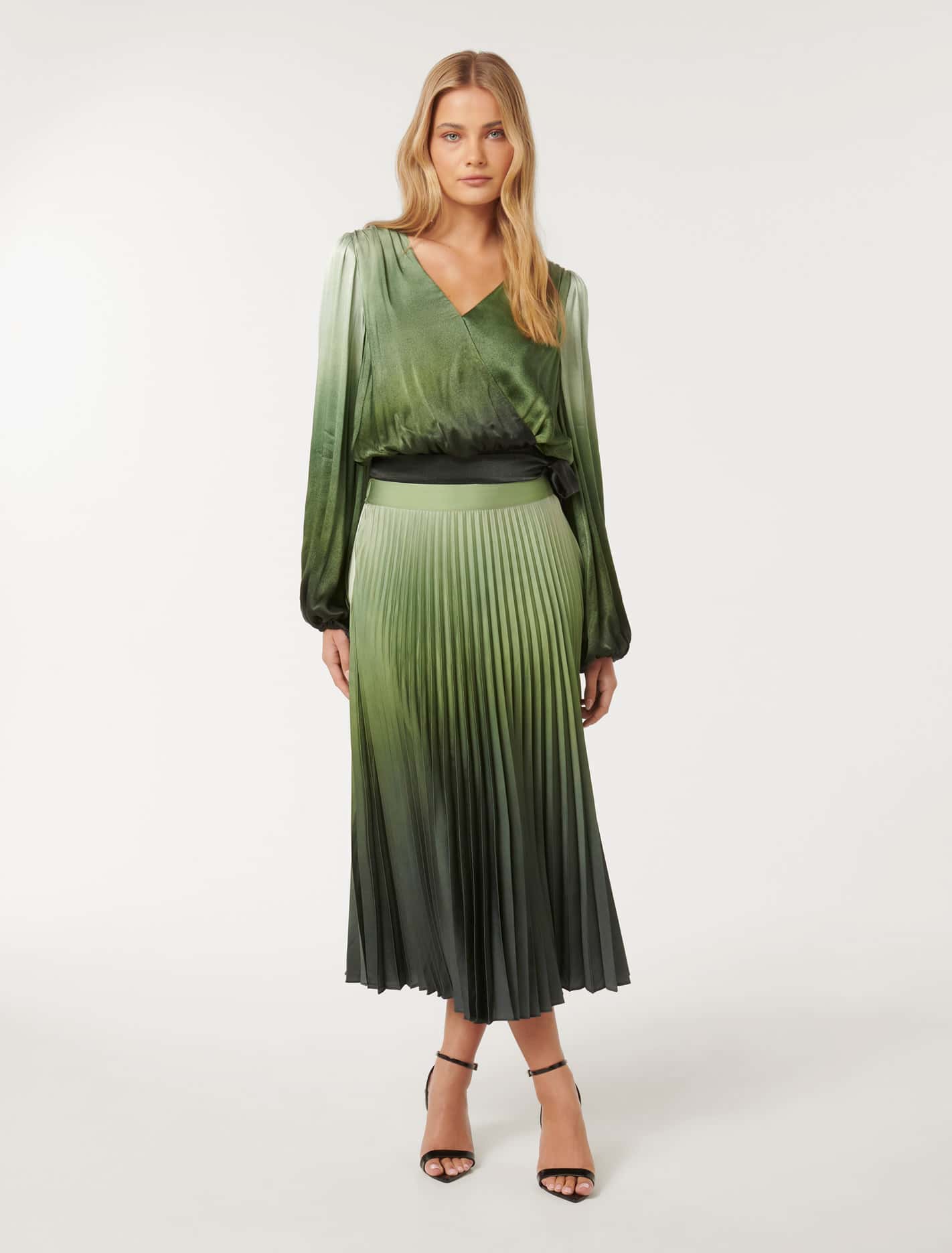 Evangeline Satin Pleated Maxi Sage Ombre