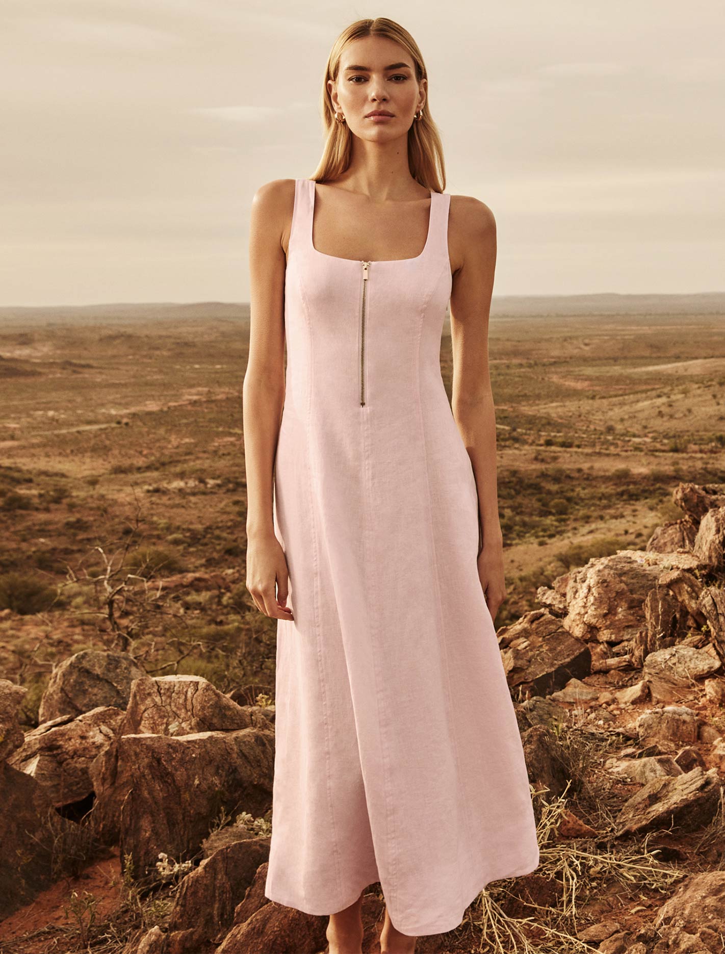 Bronte Linen Zip Detail Midi Pink Marshmallow