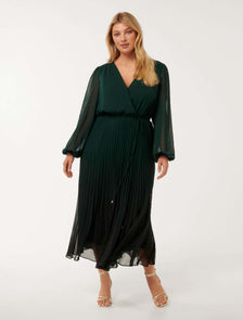 Priscilla Curve Pleated Midi Dress Dark Green Ombre