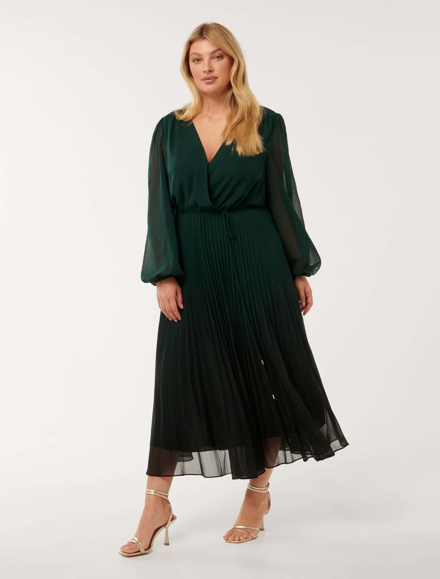 Priscilla Curve Pleated Midi Dress Dark Green Ombre