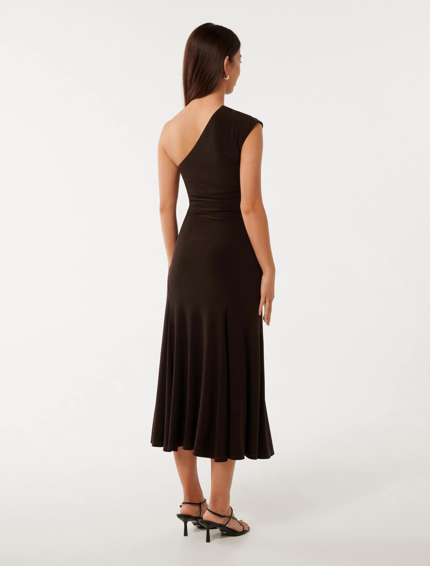London One-Shoulder Midi Dress Dark Chocolate