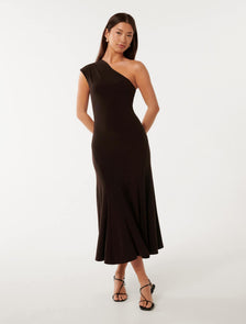 London One-Shoulder Midi Dress Dark Chocolate