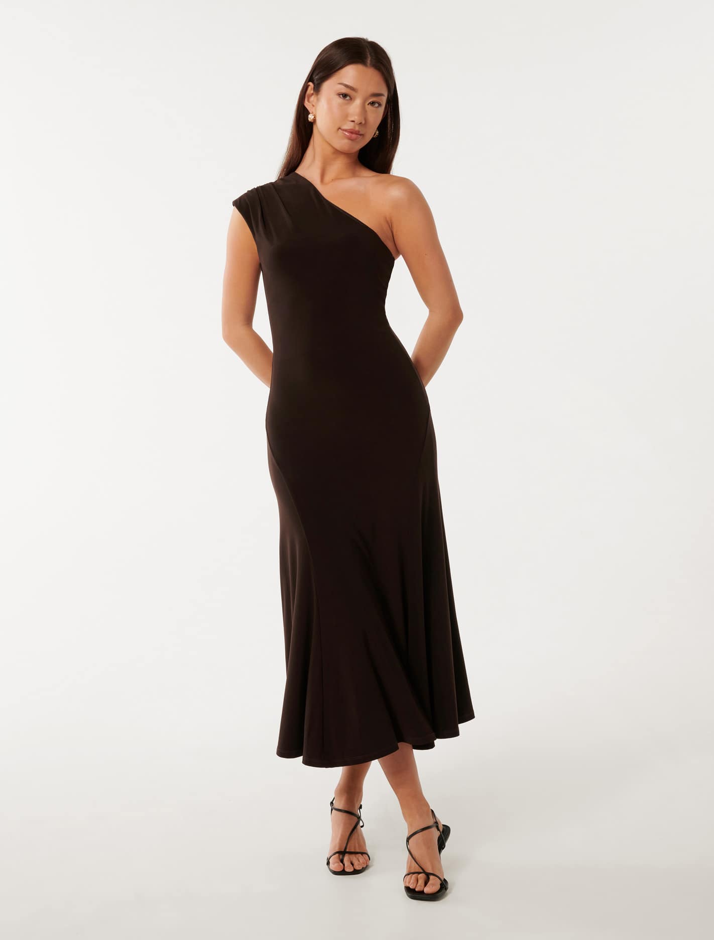 London One-Shoulder Midi Dress Dark Chocolate