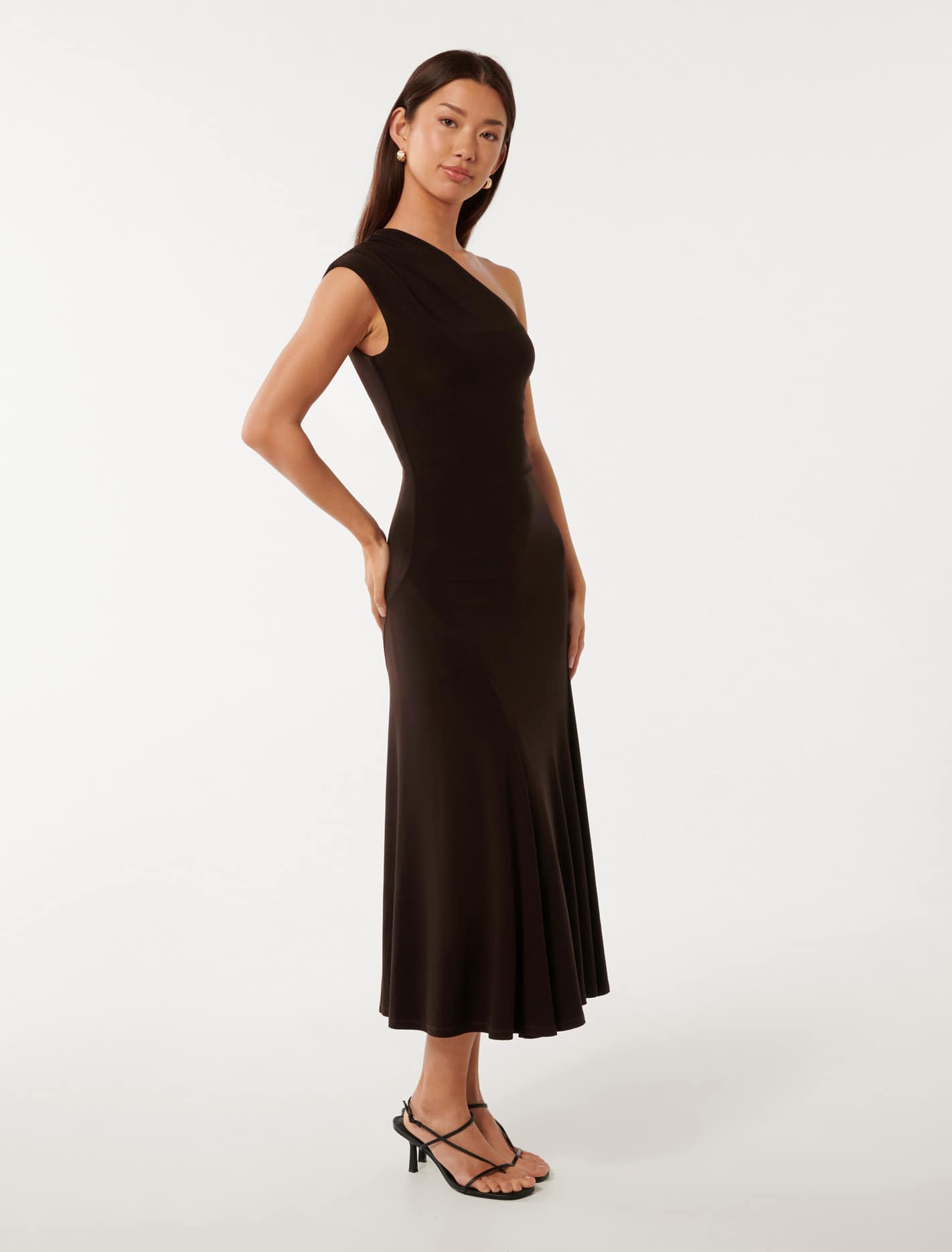 London One-Shoulder Midi Dress Dark Chocolate