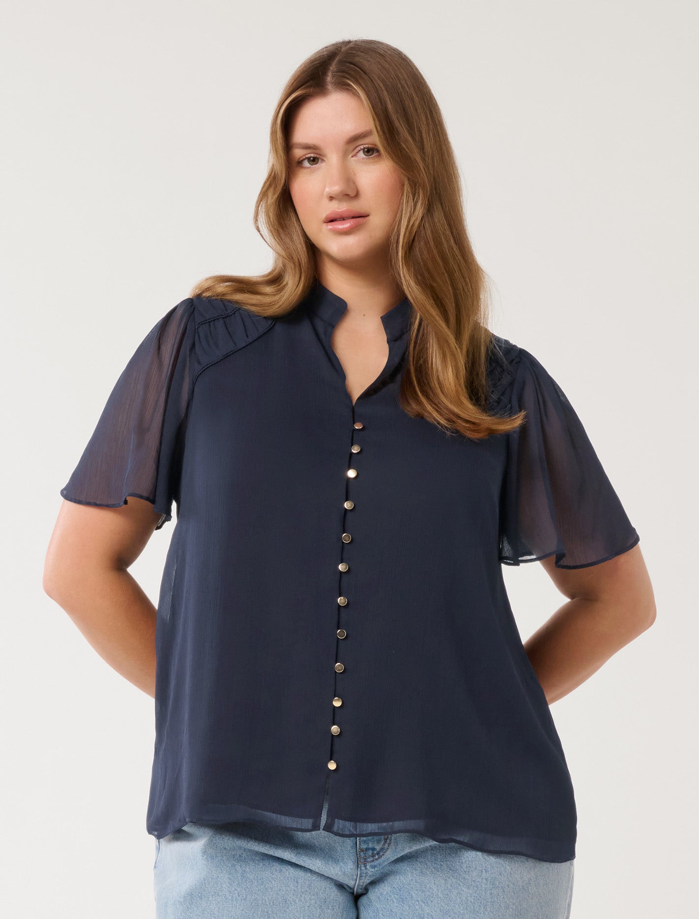 Nina Curve Gathers Neck Top Navy