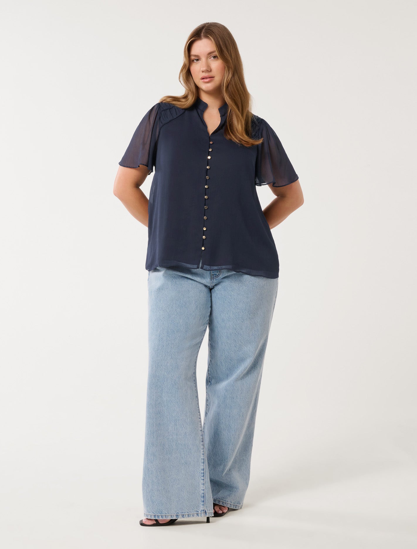 Nina Curve Gathers Neck Top Navy