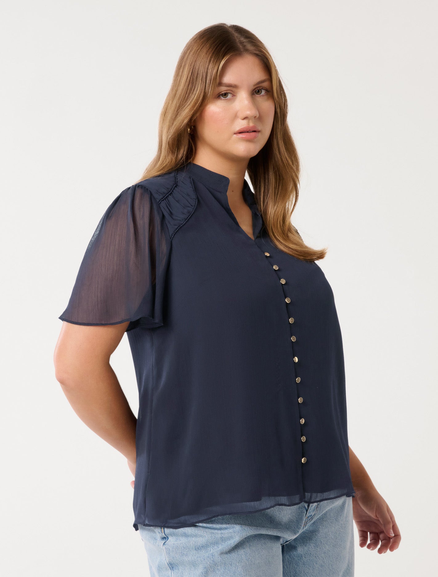 Nina Curve Gathers Neck Top Navy