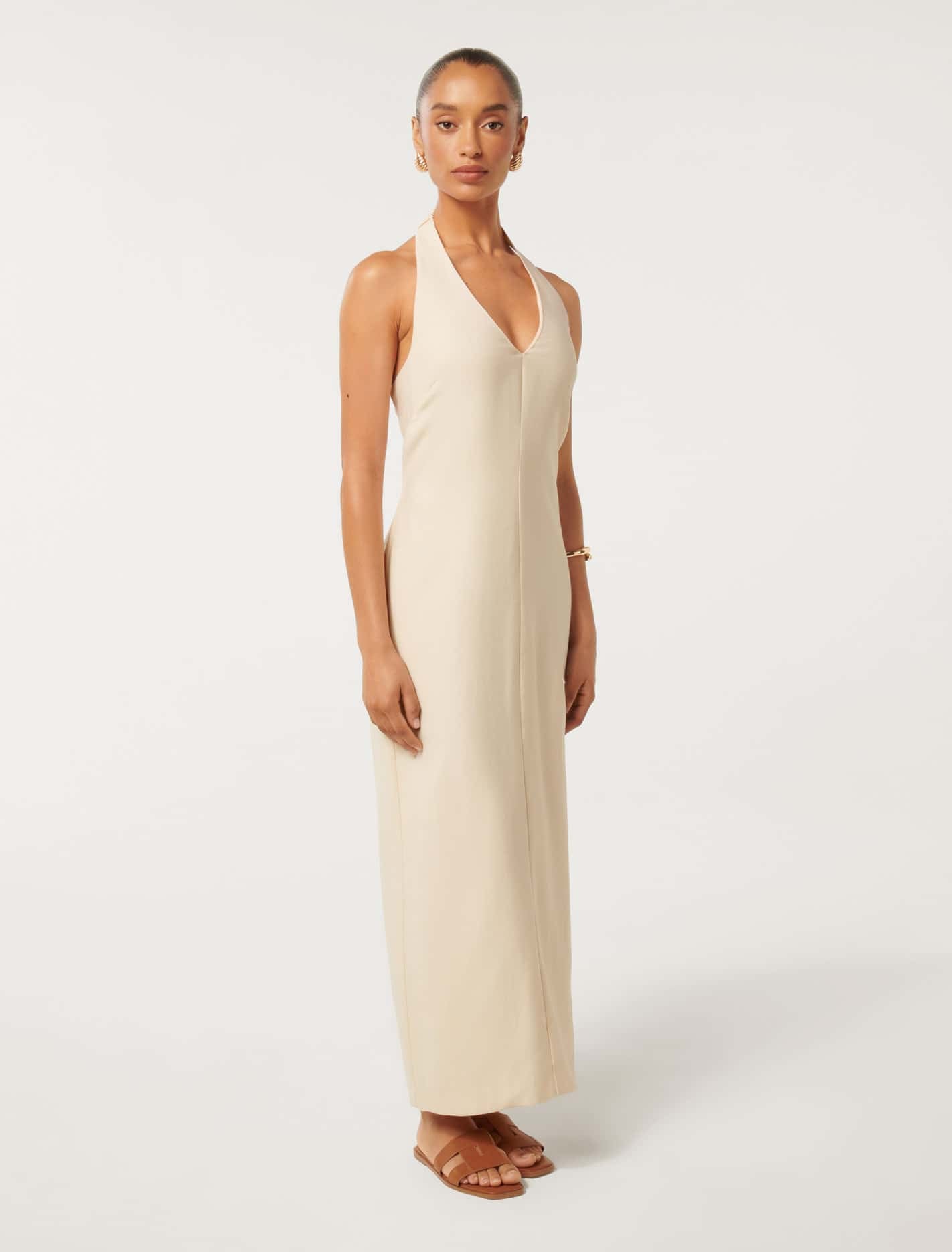 Hailey Petite Halter V-Neck Midi Cool Bone